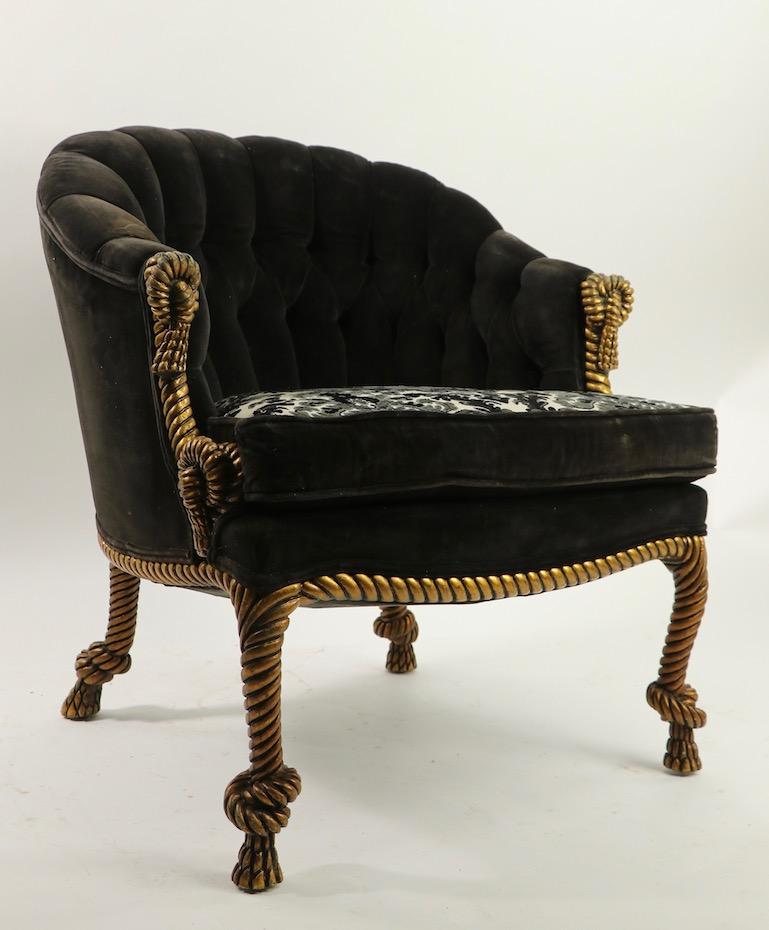 Carved Pair of Gold Gilt Rope Twist Tassel Chairs Louis III Style
