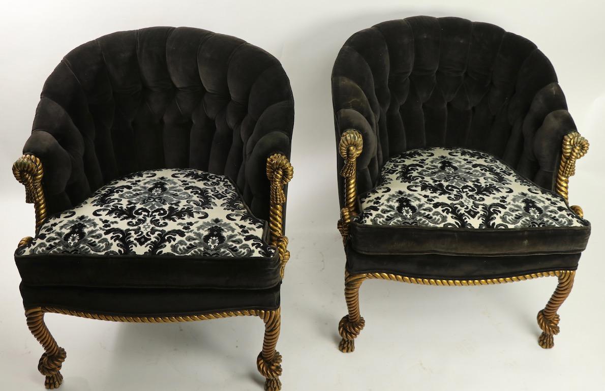 20th Century Pair of Gold Gilt Rope Twist Tassel Chairs Louis III Style