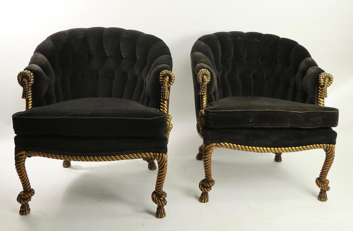 Upholstery Pair of Gold Gilt Rope Twist Tassel Chairs Louis III Style