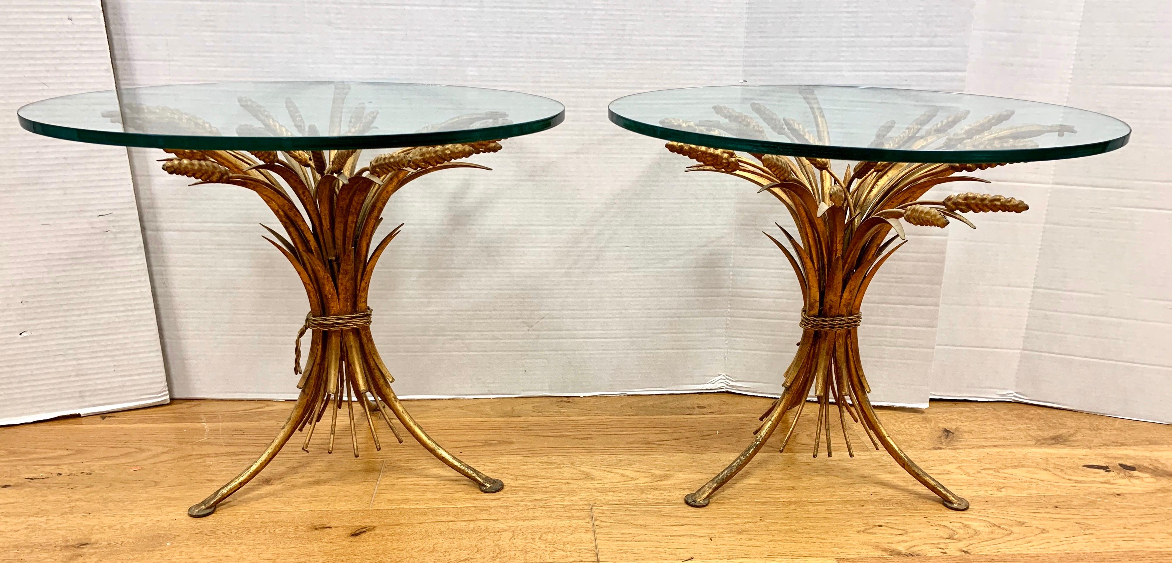 Mid-Century Modern Pair of Gold Gilt Wheat Sheaf and Glass Top Tables