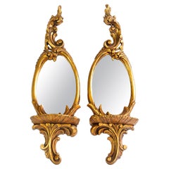 Pair Gold Gilt Wood Wall Mount Mirrors w/ Foliage Detail & Shelves