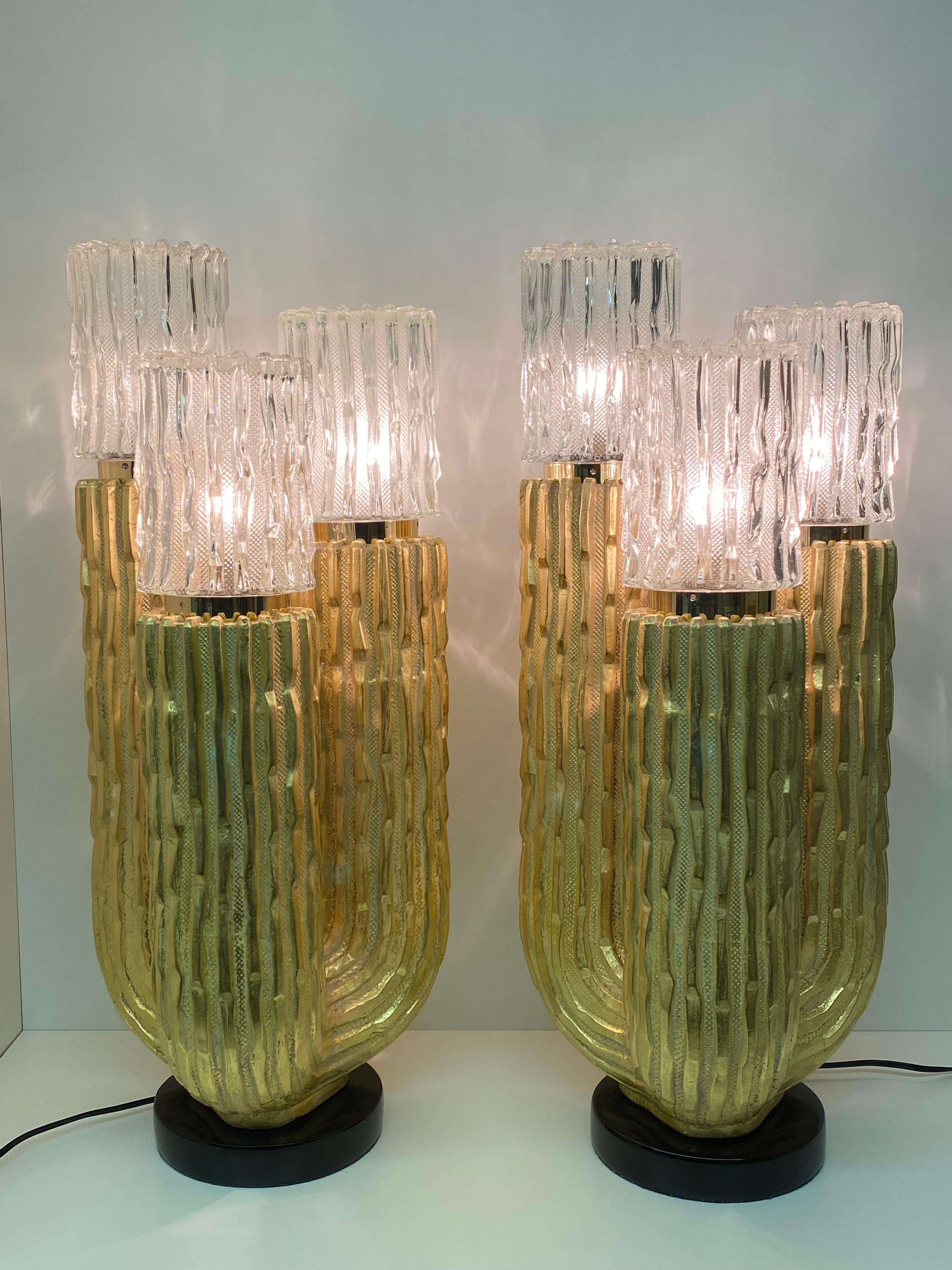 Pair Gold Leaf Cactus Lamps For Sale 2