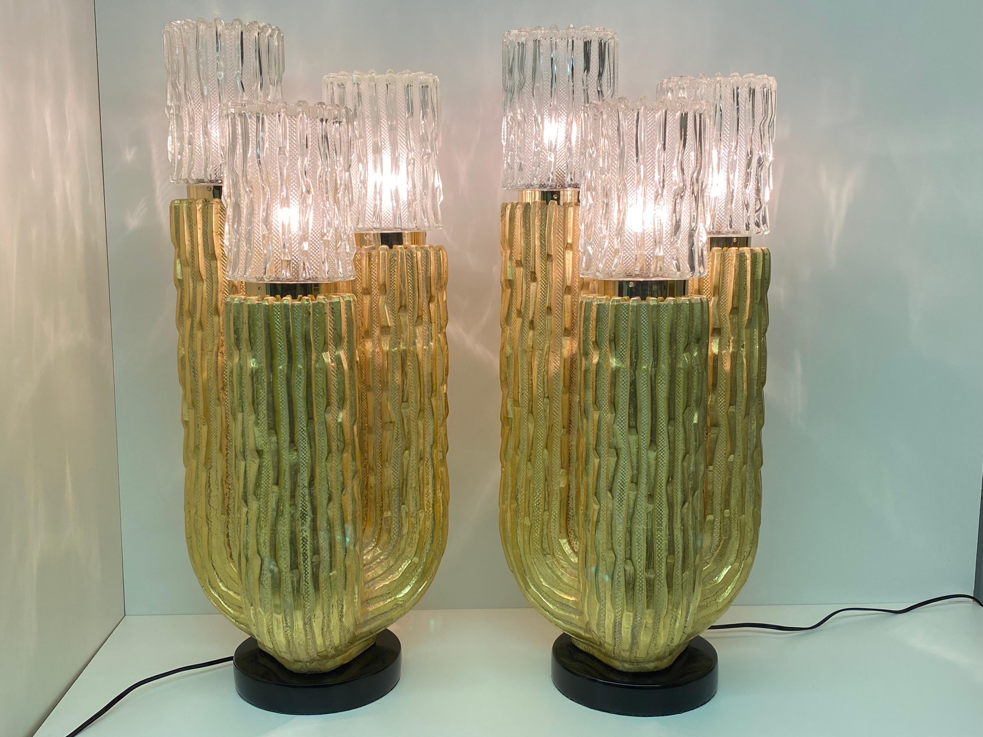 Pair Gold Leaf Cactus Lamps For Sale 4
