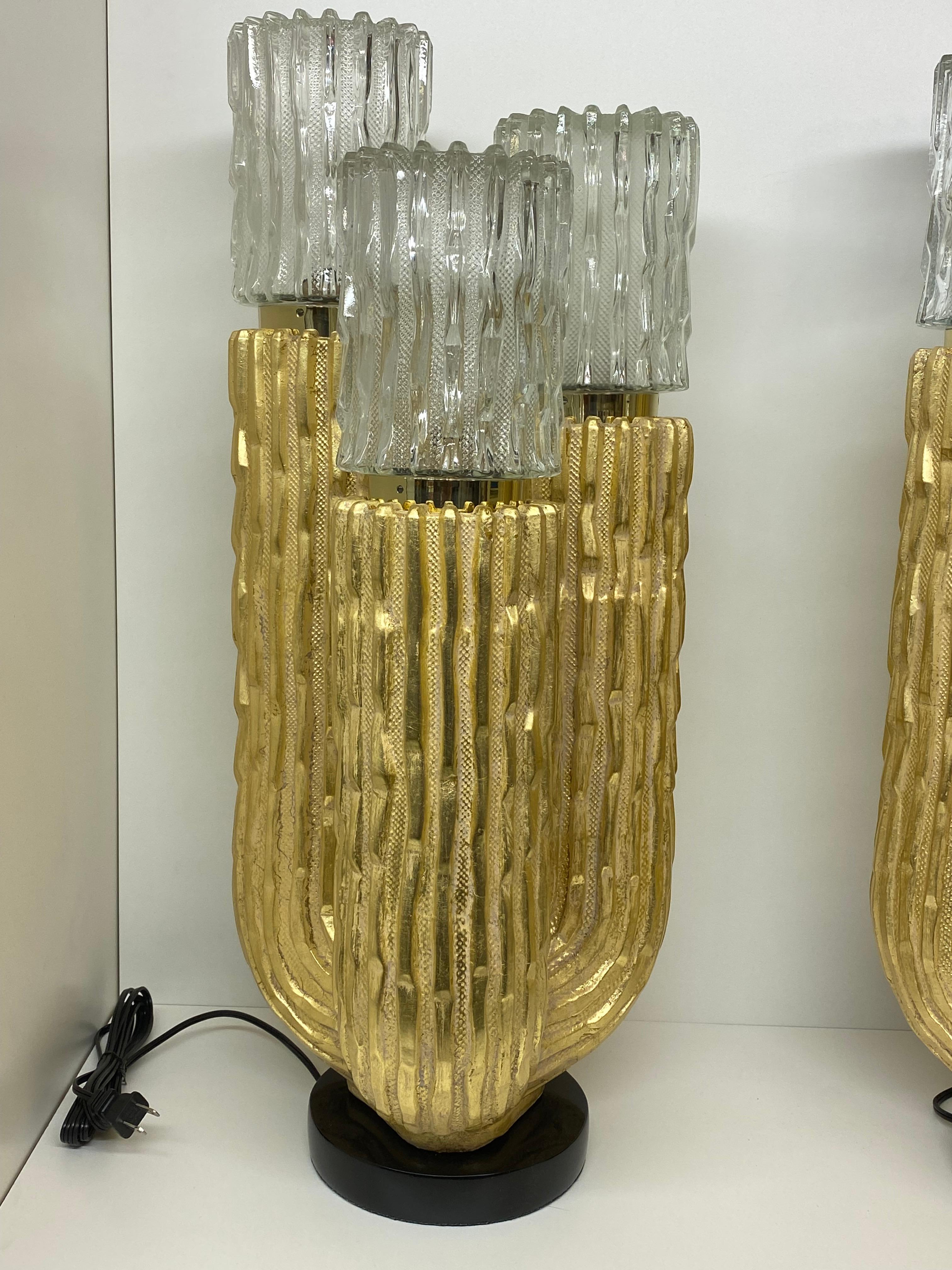 Pair of gold leafed plaster cactus lamps with glass shades by Fuggiti Studios.