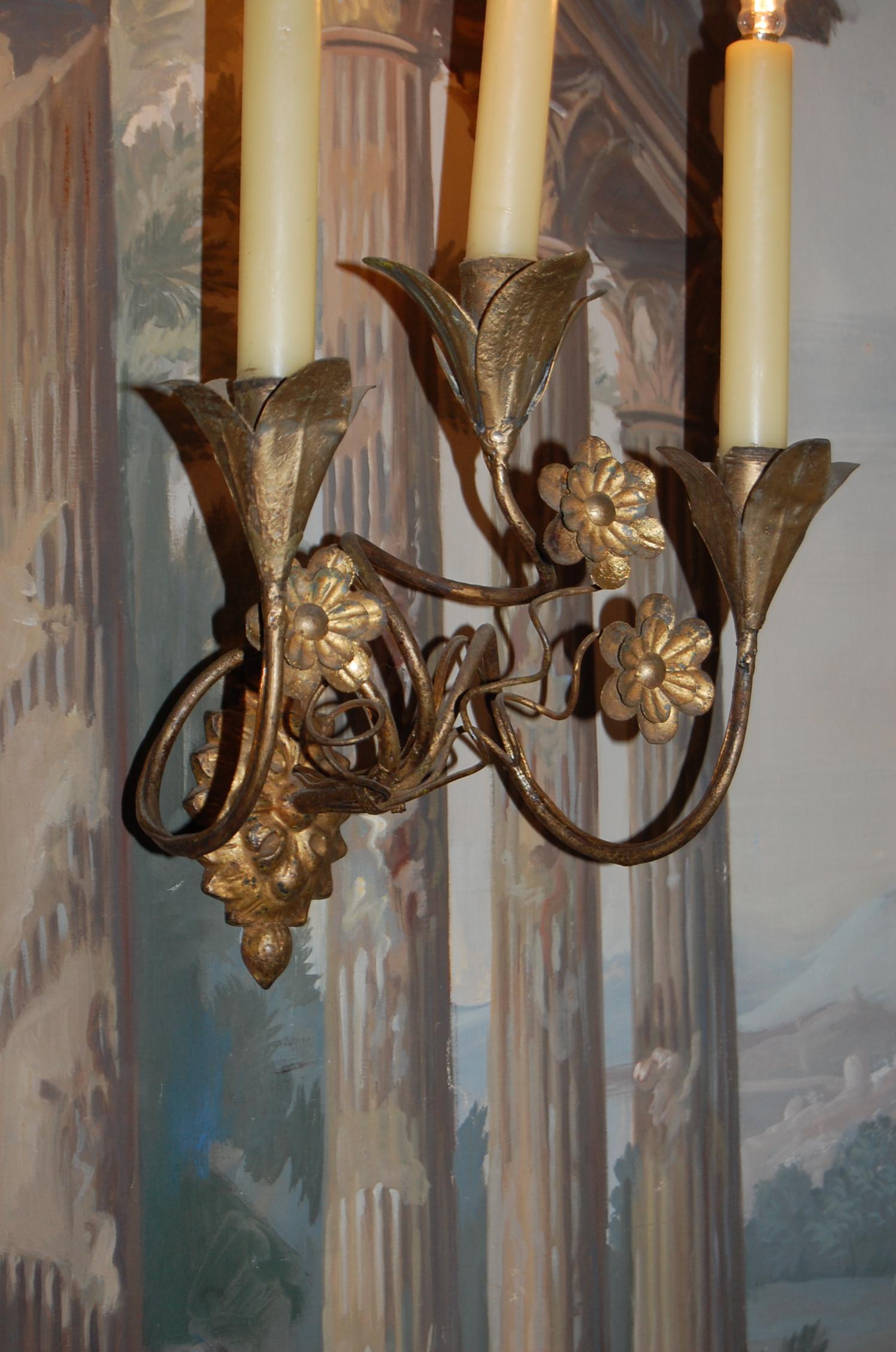 Hand-Crafted Pair of Gold Leaf Tole Three-Light Italian Wall Sconces, Early 19th Century
