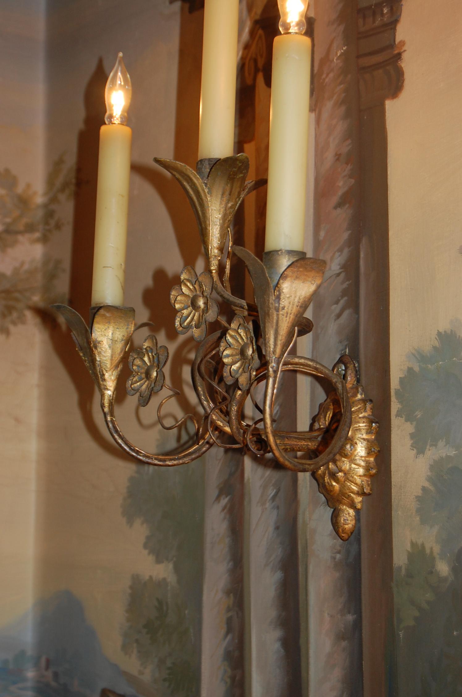 Steel Pair of Gold Leaf Tole Three-Light Italian Wall Sconces, Early 19th Century