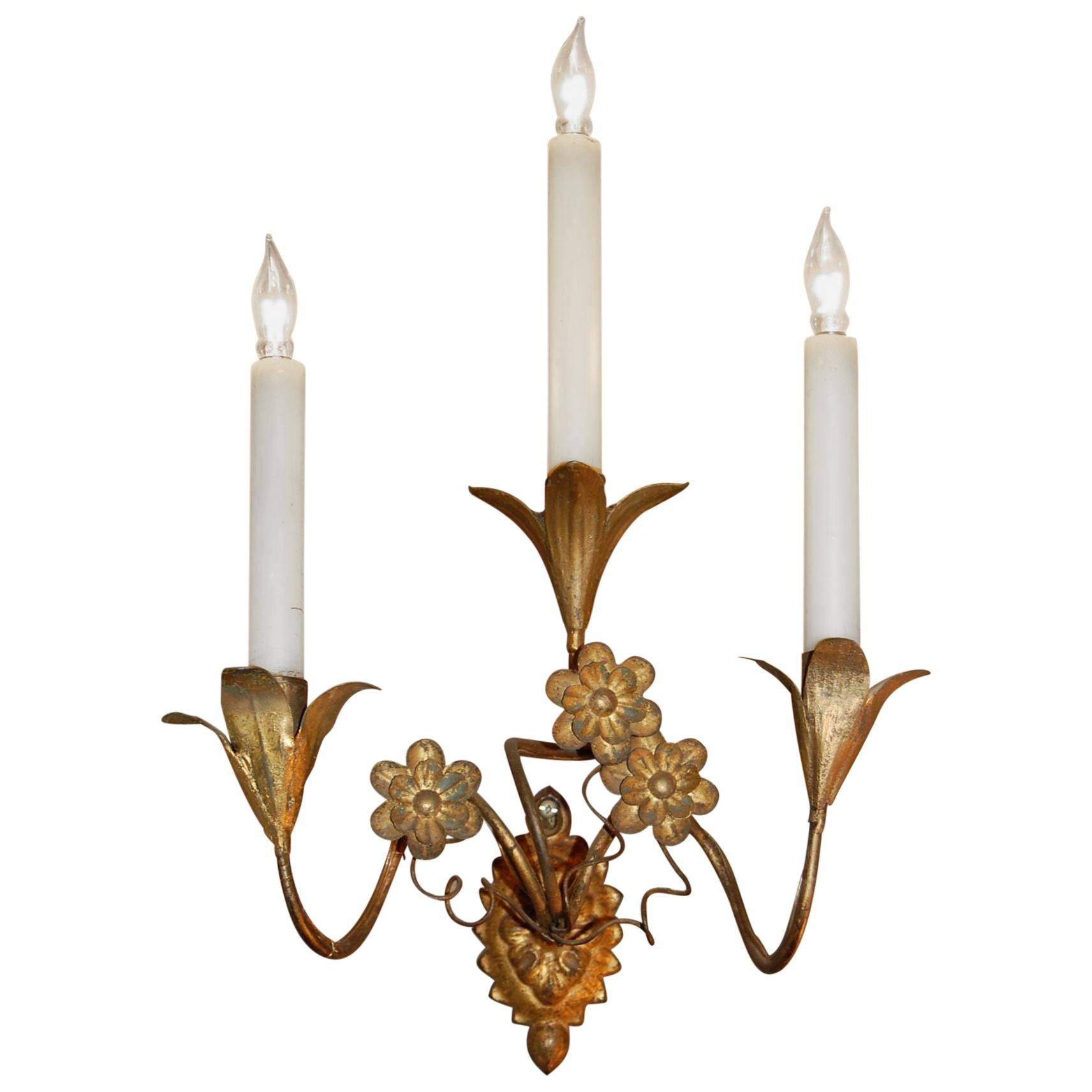 Pair of Gold Leaf Tole Three-Light Italian Wall Sconces, Early 19th Century