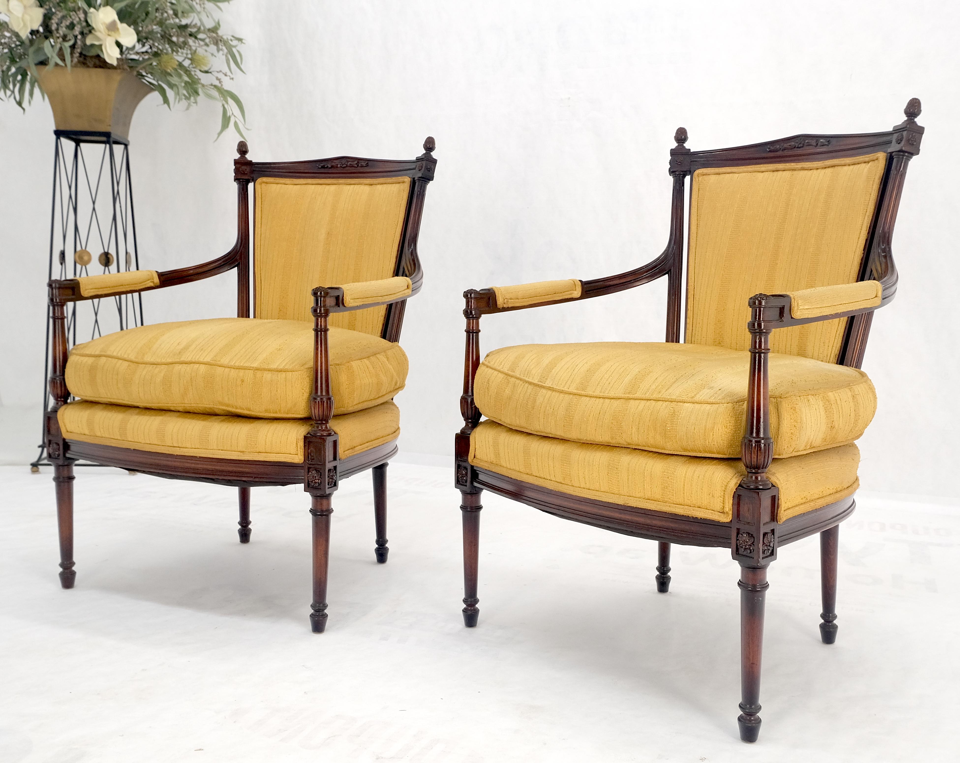 Pair Gold Silk Upholstery Fine Carved Acorn Finials Lounge Fireside Chairs MINT! For Sale 6
