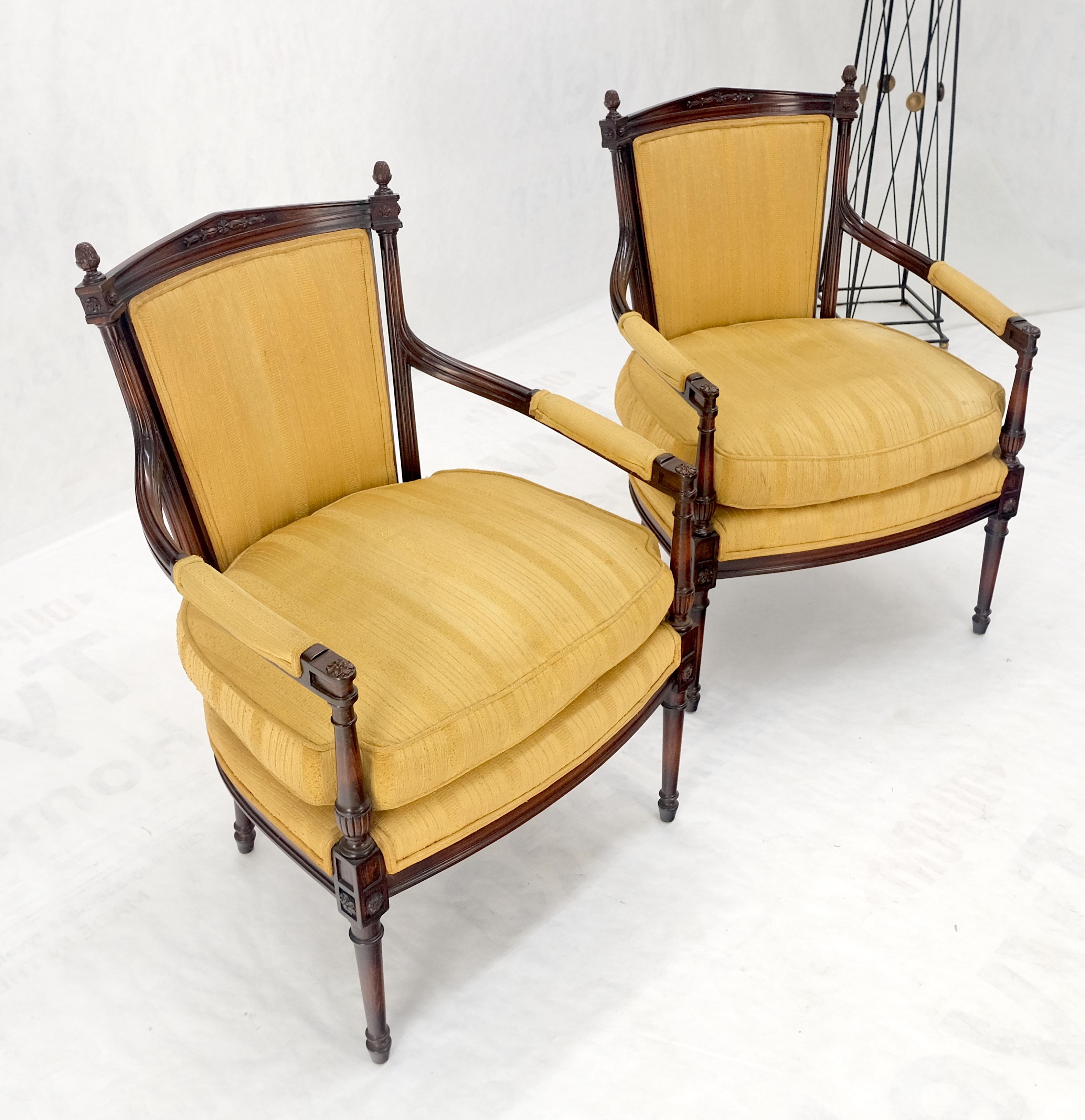 Pair Gold Silk Upholstery Fine Carved Acorn Finials Lounge Fireside Chairs MINT! For Sale 8