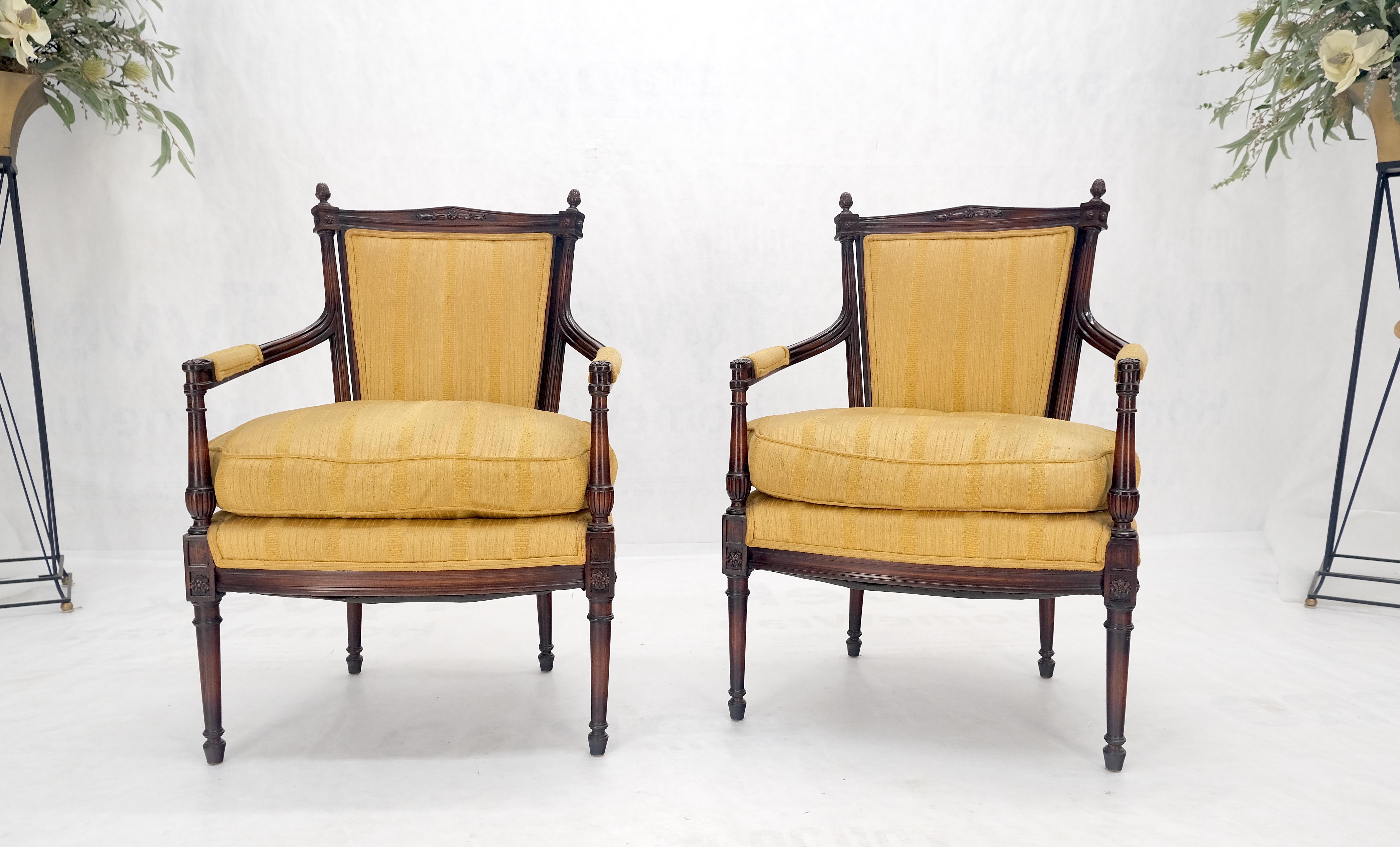 Pair Gold Silk Upholstery Fine Carved Acorn Finials Lounge Fireside Chairs MINT! For Sale 1