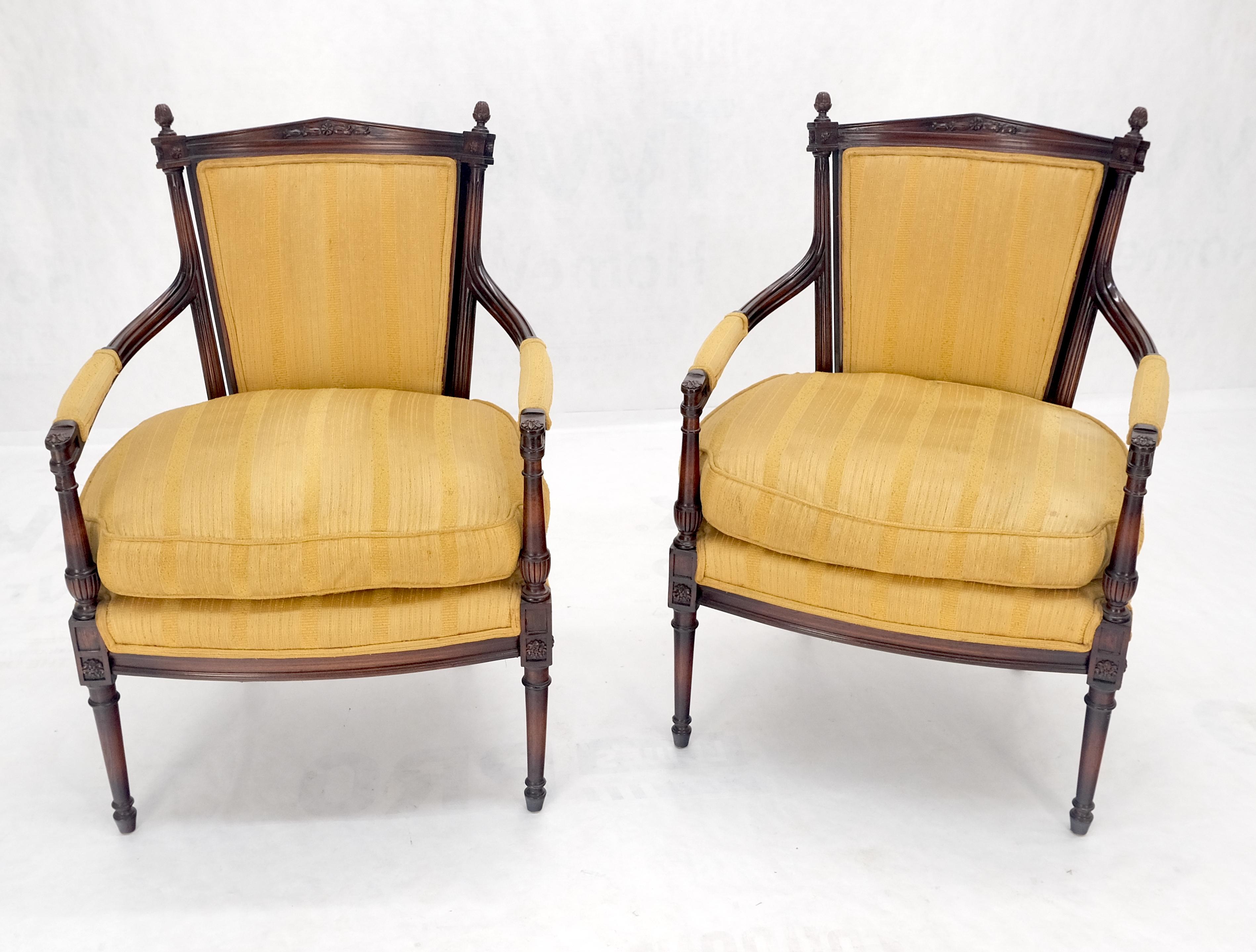 Pair Gold Silk Upholstery Fine Carved Acorn Finials Lounge Fireside Chairs MINT! For Sale 3