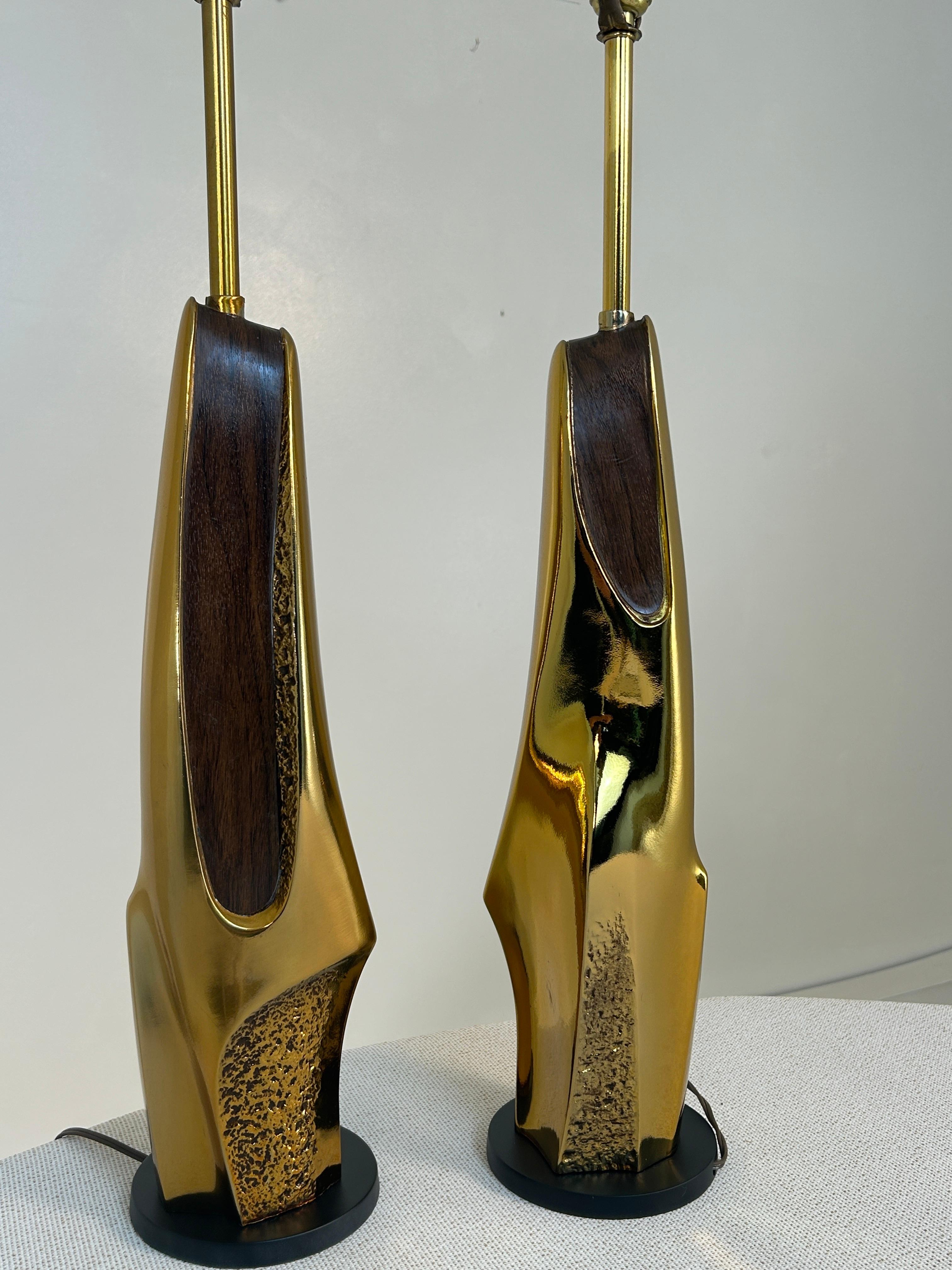 Pair Gold Table Brutalist Lamps by Laurel 7