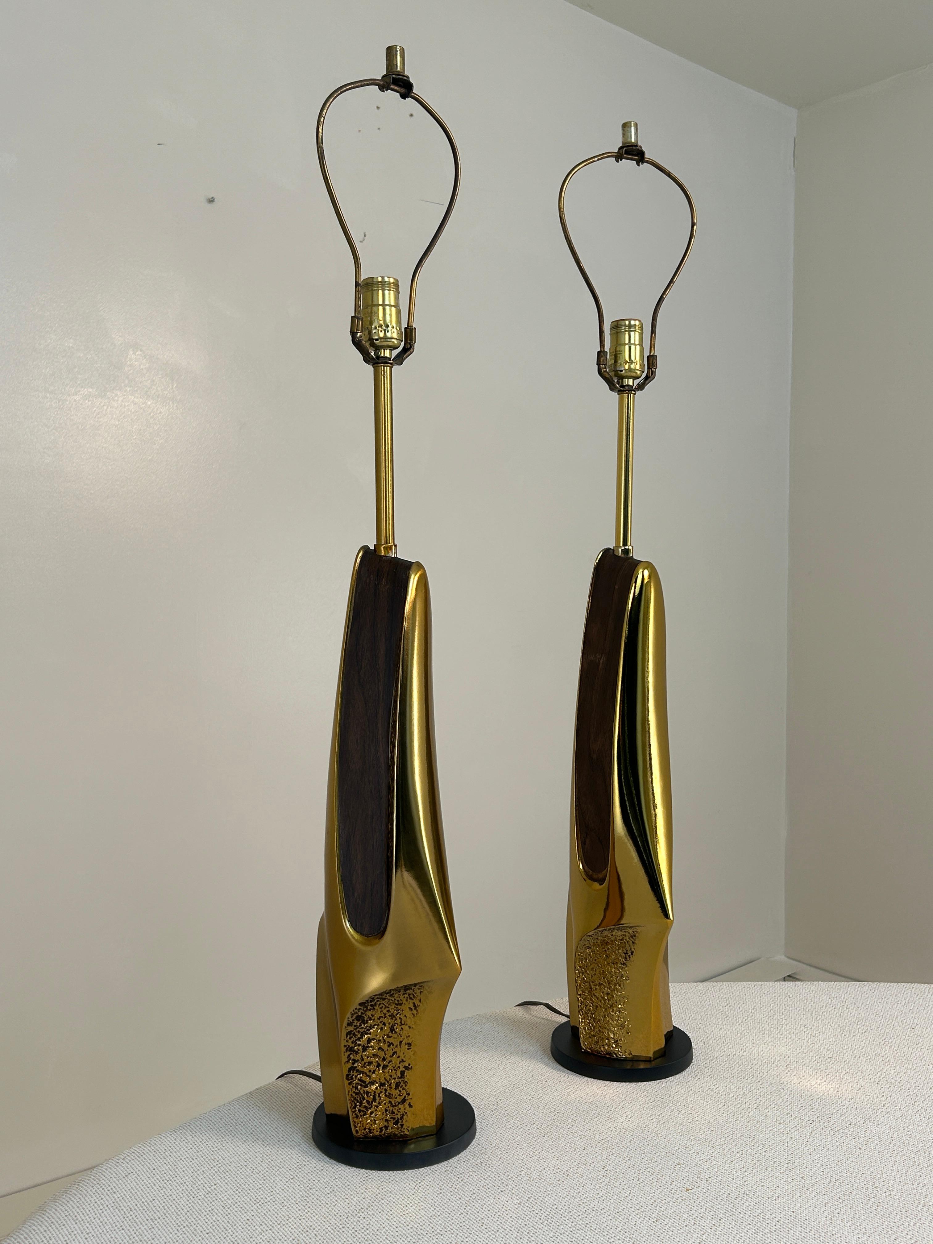American Pair Gold Table Brutalist Lamps by Laurel