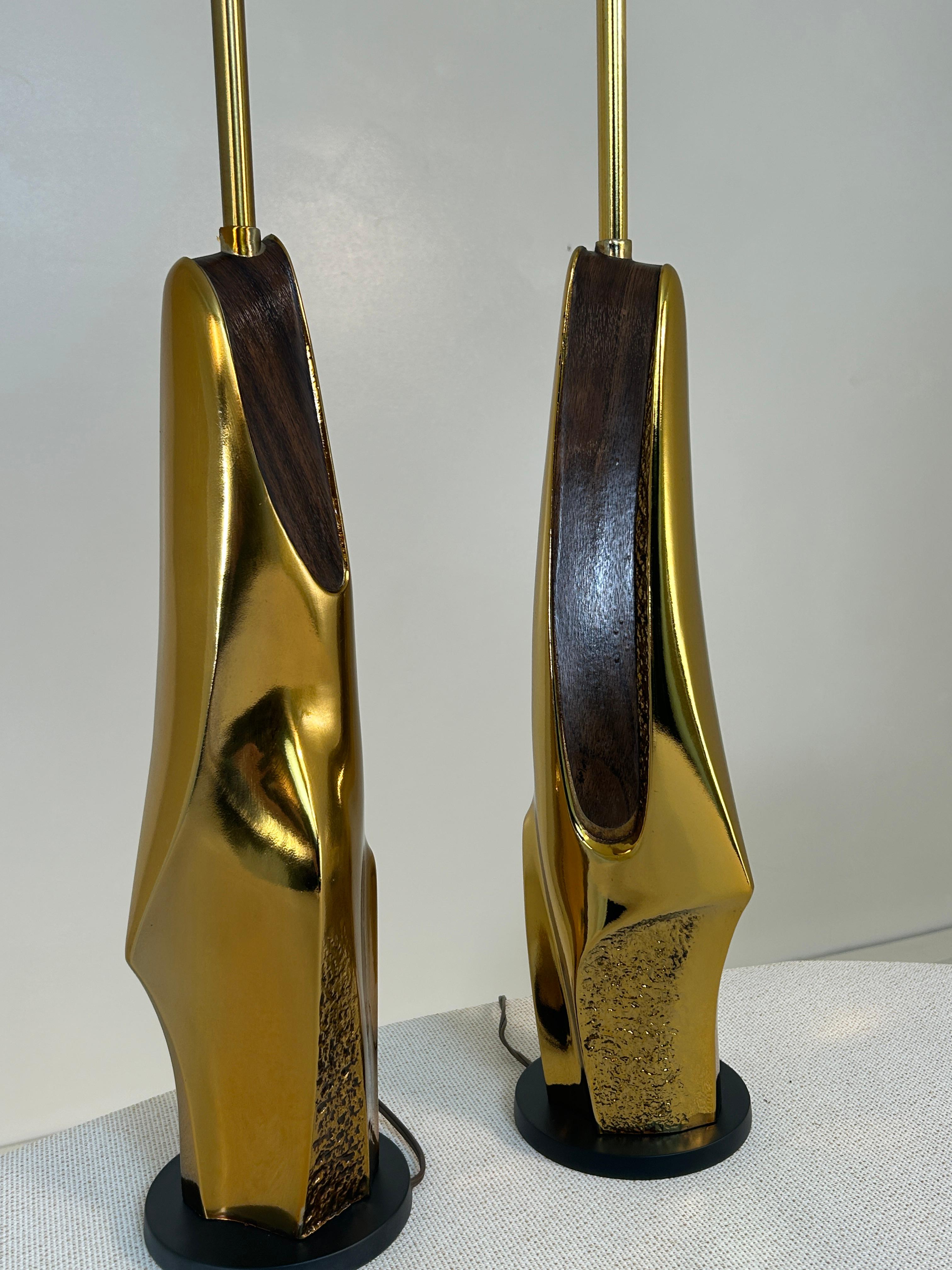 Pair Gold Table Brutalist Lamps by Laurel 4