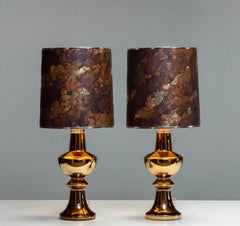 Pair Golden Brutalist Art Glass Table Lamps Designed by Gustav Leek for Luxus