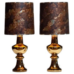Pair Golden Brutalist Art Glass Table Lamps Designed by Gustav Leek for Luxus