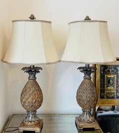 Vintage Pair of Golden Pineapple Table Lamps with Linen Shades, 1970