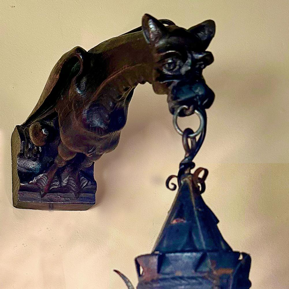 20th Century Pair Gothic Hand-Carved Gargoyle Lantern Wall Sconces