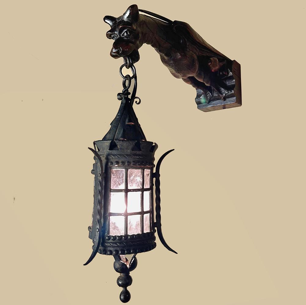 Steel Pair Gothic Hand-Carved Gargoyle Lantern Wall Sconces