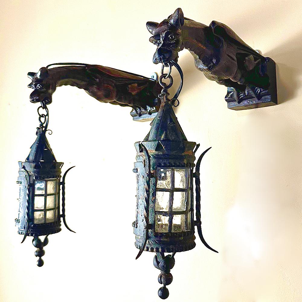 Pair Gothic Hand-Carved Gargoyle Lantern Wall Sconces 3