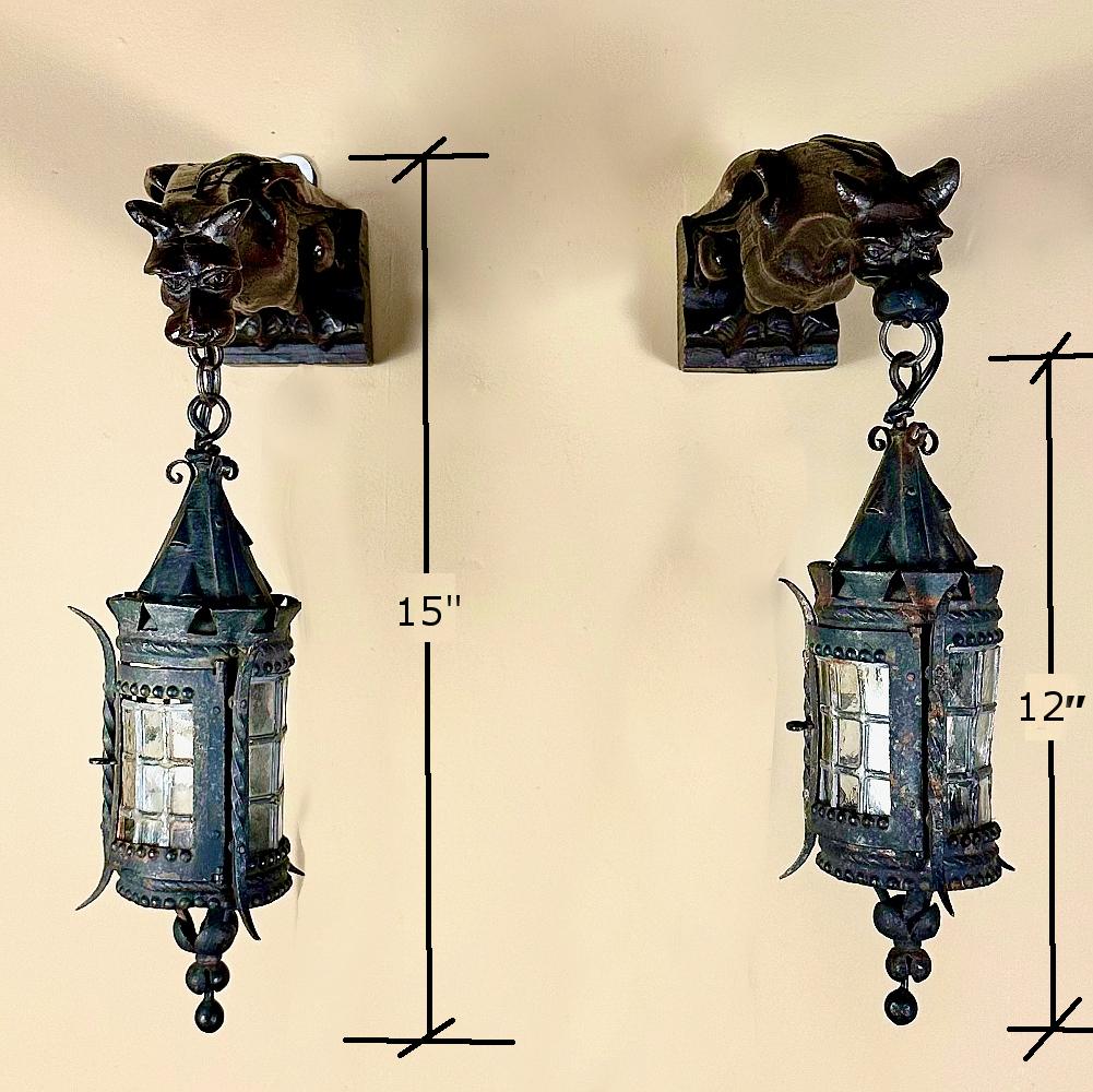 Pair Gothic Hand-Carved Gargoyle Lantern Wall Sconces 5