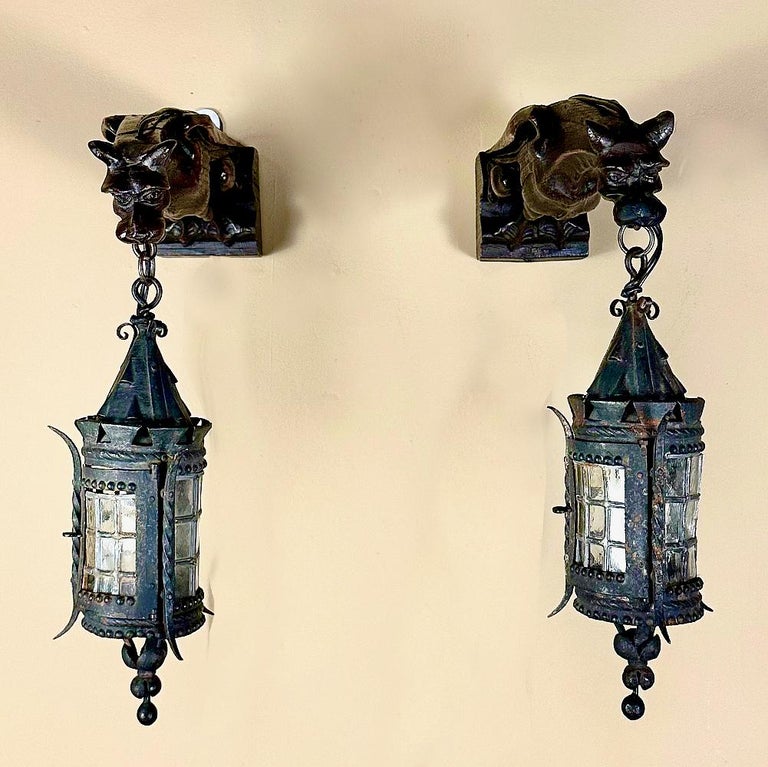 Pair Gothic Hand-Carved Gargoyle Lantern Wall Sconces For Sale at 1stDibs