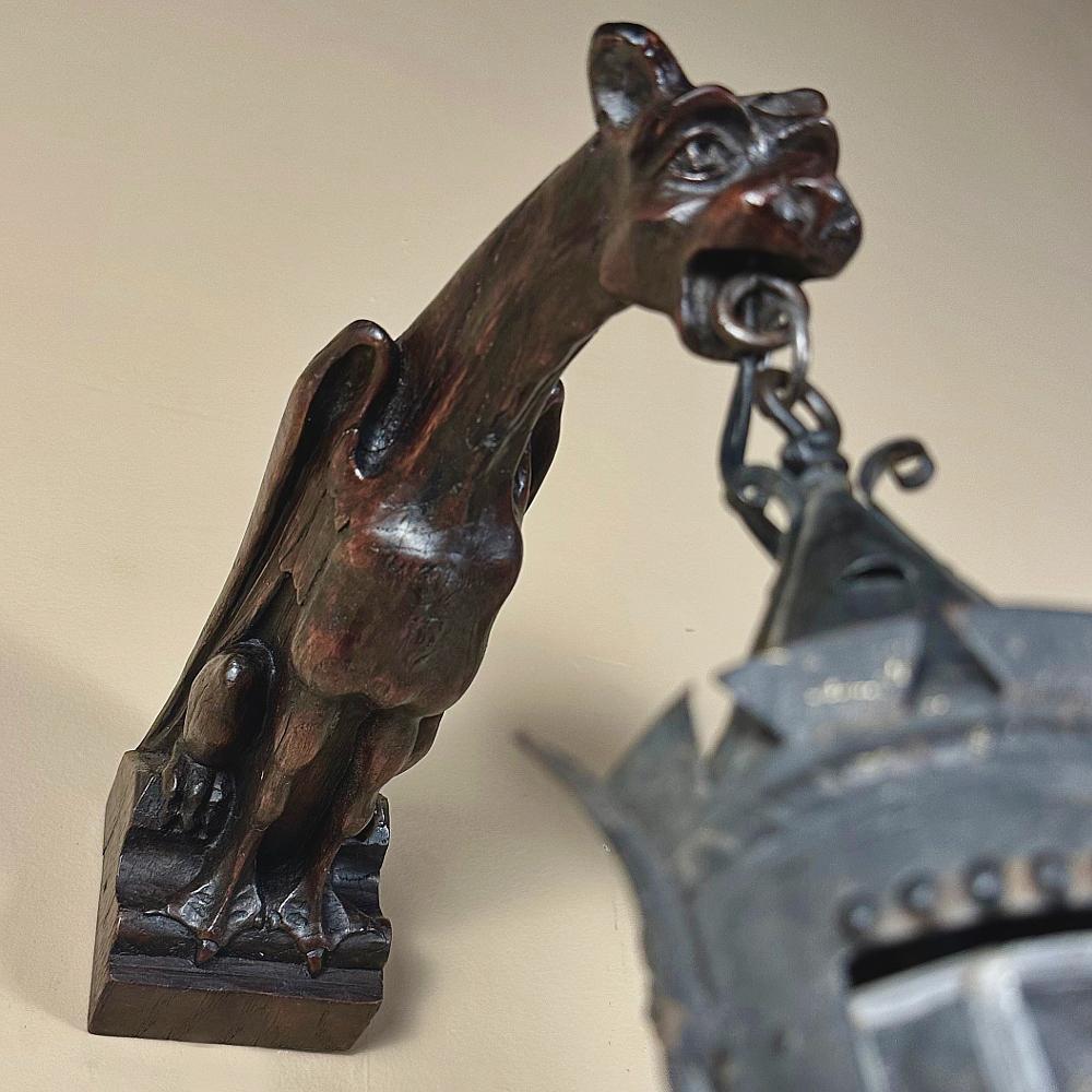 French Pair Gothic Hand-Carved Gargoyle Lantern Wall Sconces