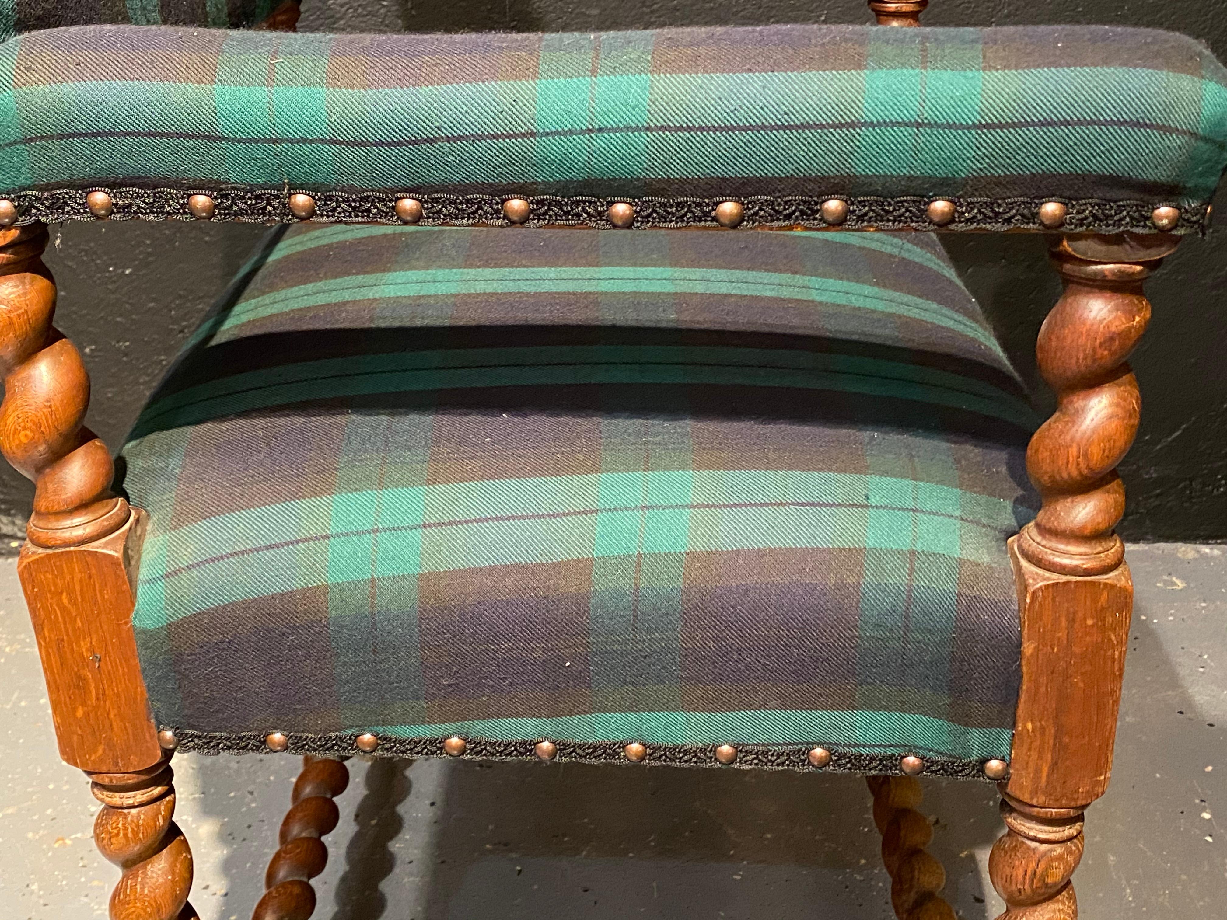 Pair of Gothic Lion Head and Spiral Posts Armchairs with Plaid Upholstery 5