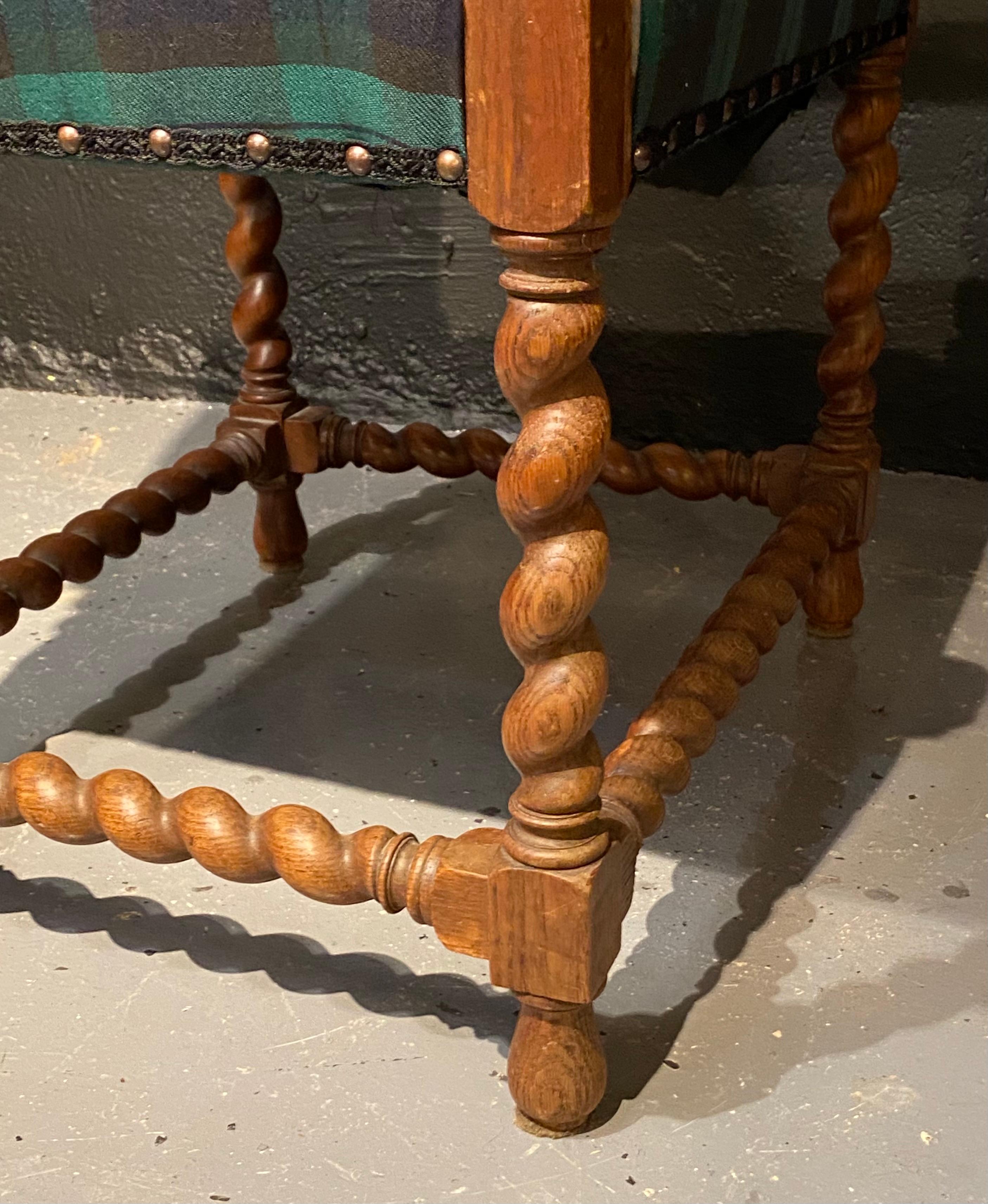Pair of Gothic Lion Head and Spiral Posts Armchairs with Plaid Upholstery 6