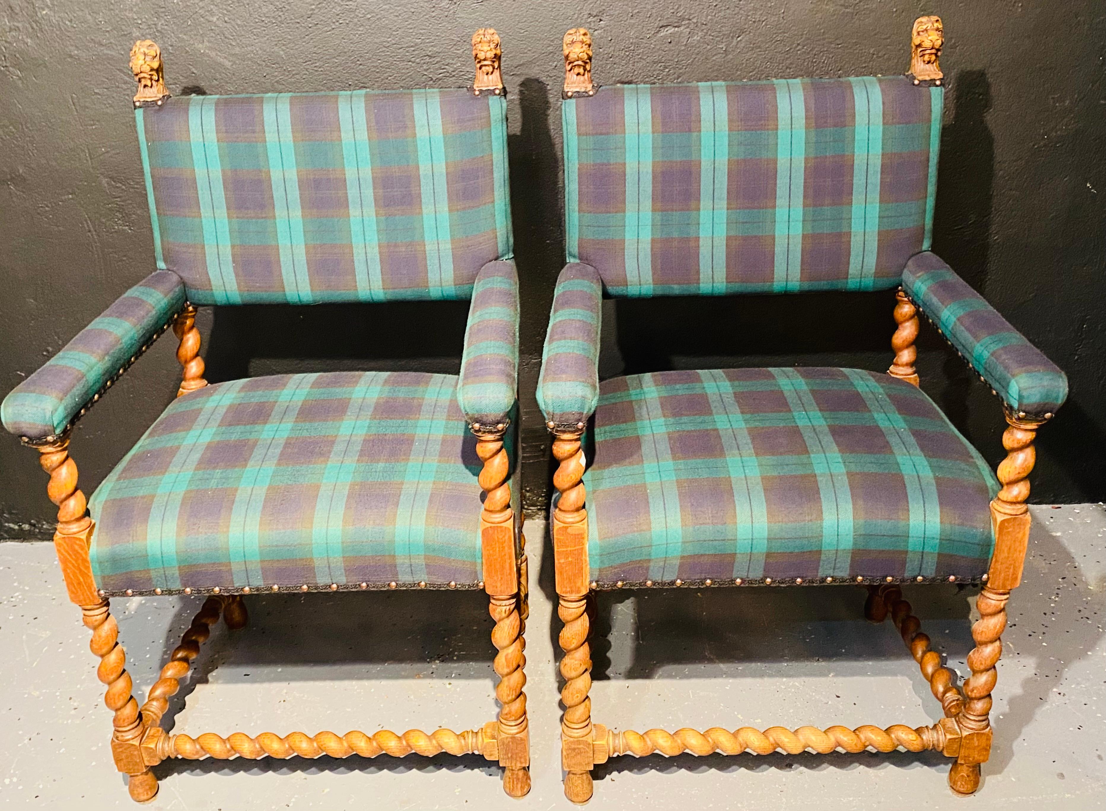 Pair of Gothic Lion Head and Spiral Posts Armchairs with Plaid Upholstery In Good Condition In Manhasset, NY