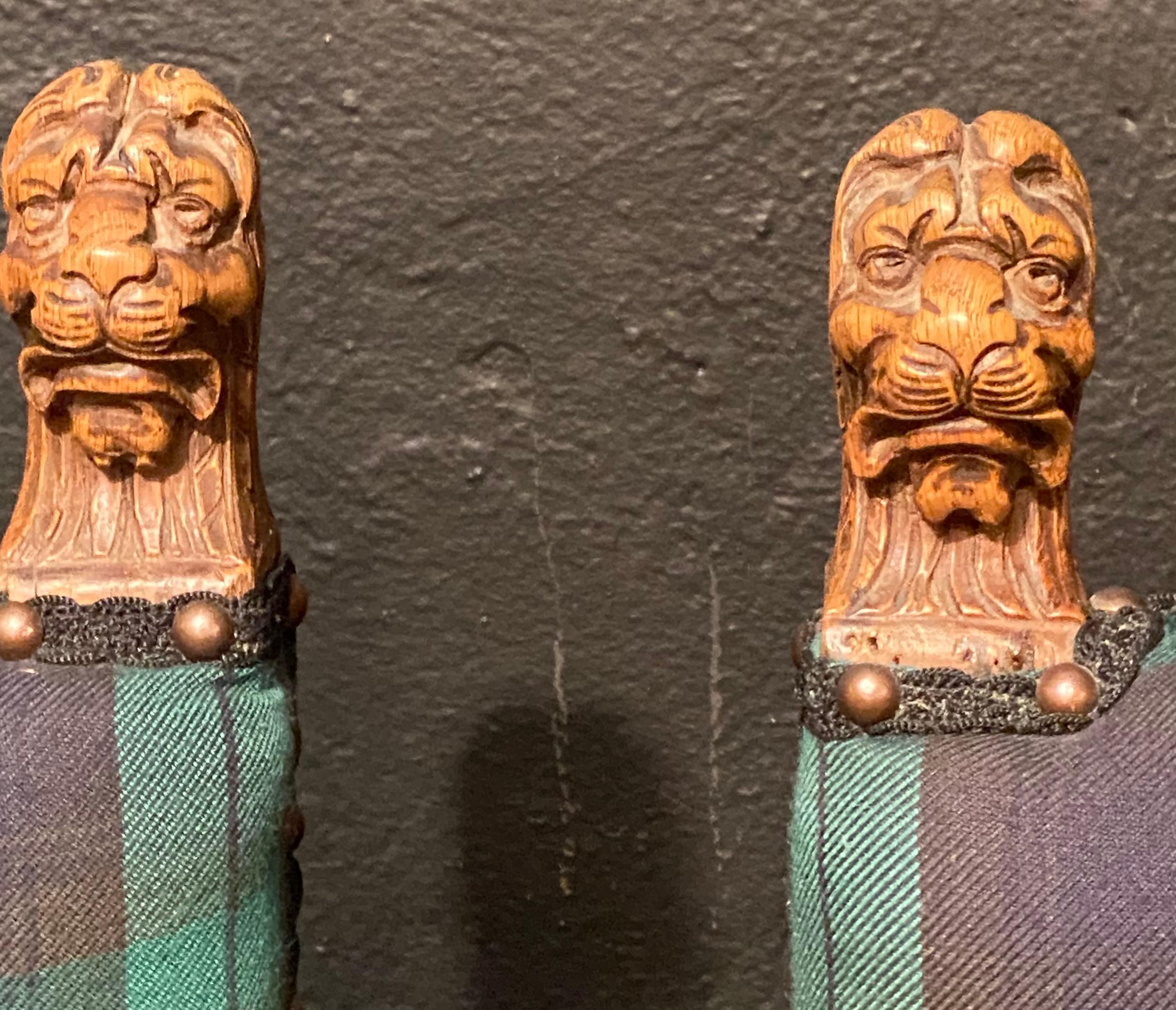 20th Century Pair of Gothic Lion Head and Spiral Posts Armchairs with Plaid Upholstery