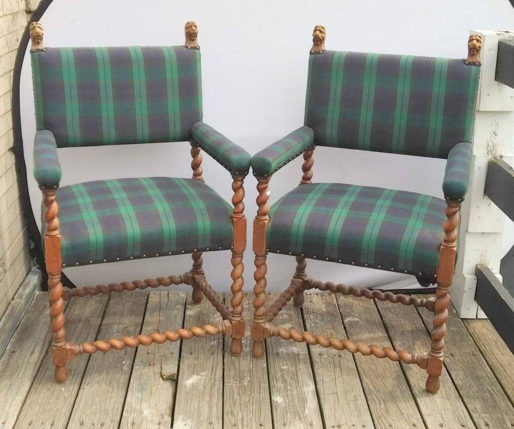 Wood Pair of Gothic Lion Head and Spiral Posts Armchairs with Plaid Upholstery