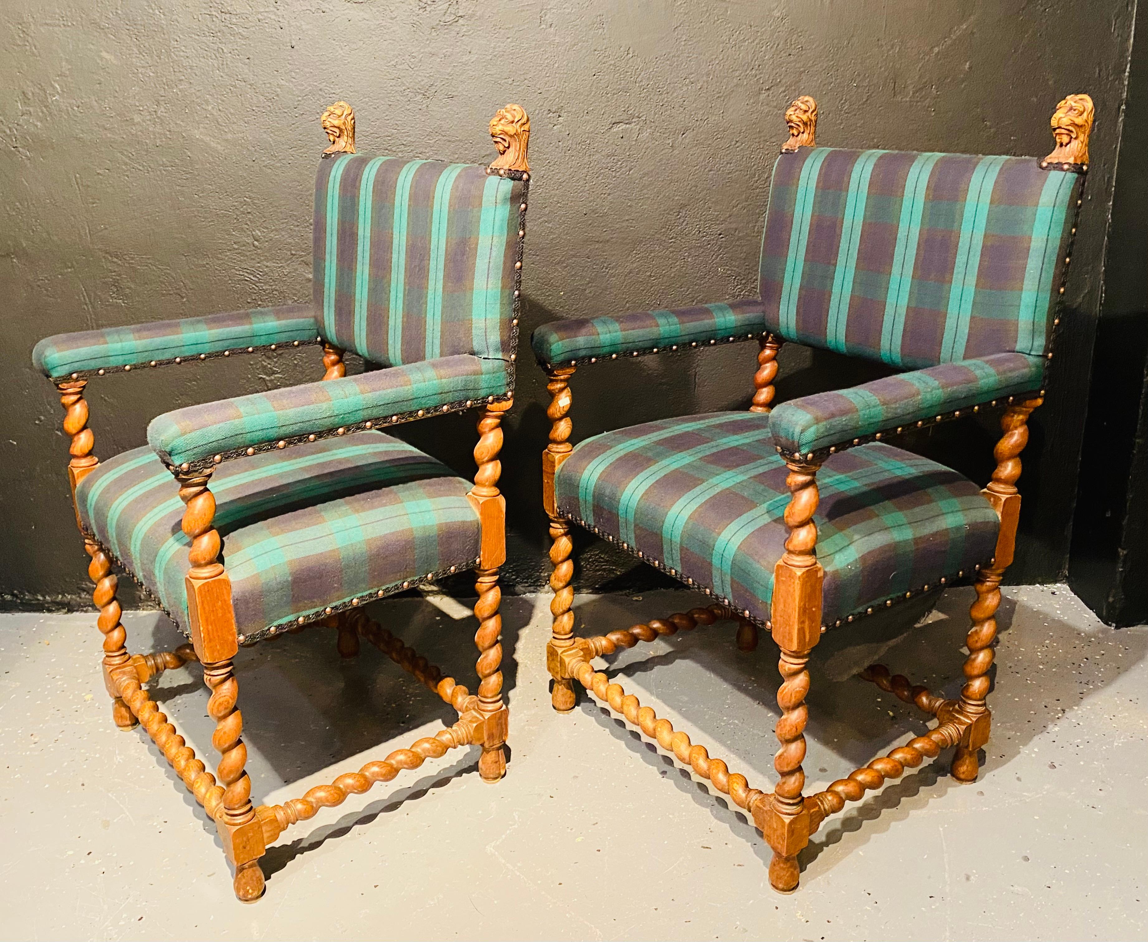 Pair of Gothic Lion Head and Spiral Posts Armchairs with Plaid Upholstery 2