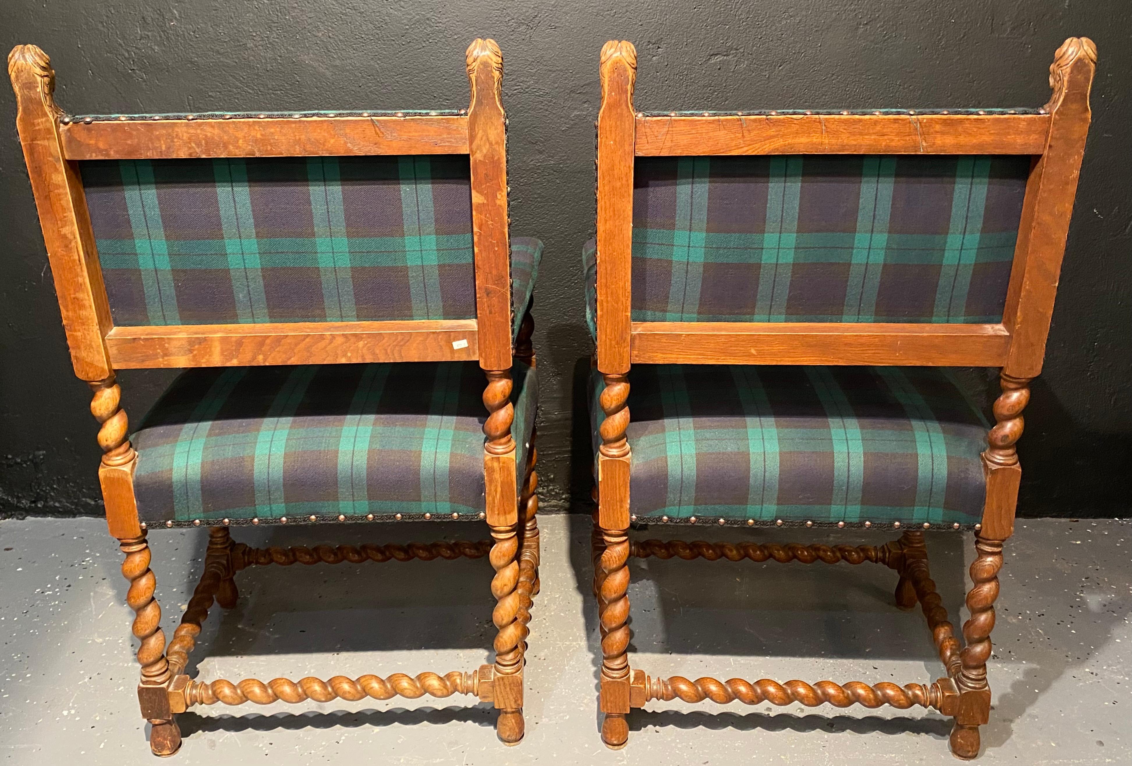 Pair of Gothic Lion Head and Spiral Posts Armchairs with Plaid Upholstery 4
