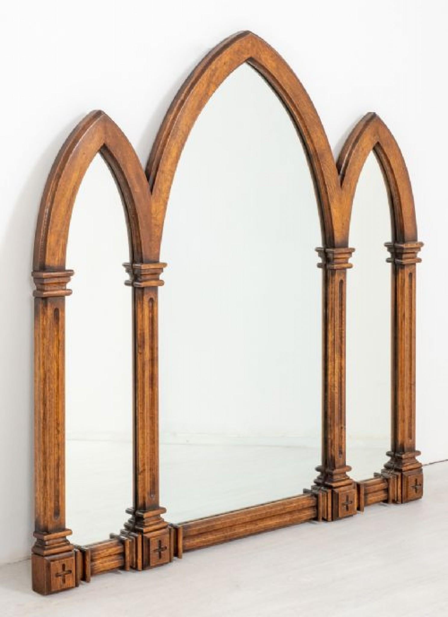 Late 20th Century Pair Gothic Mirrors Oak Overmantle Antique