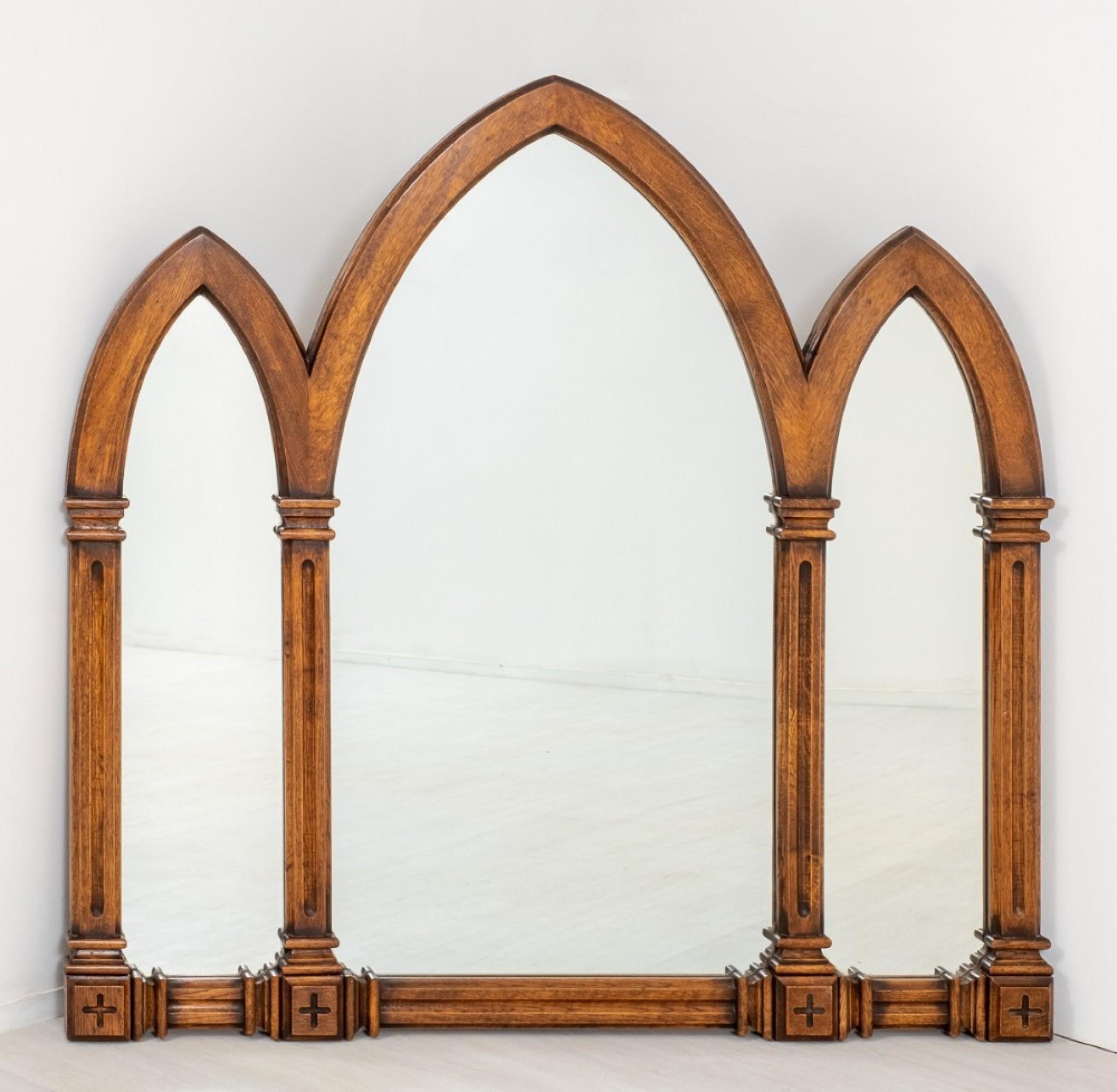 Pair Gothic Mirrors Oak Overmantle Antique 1
