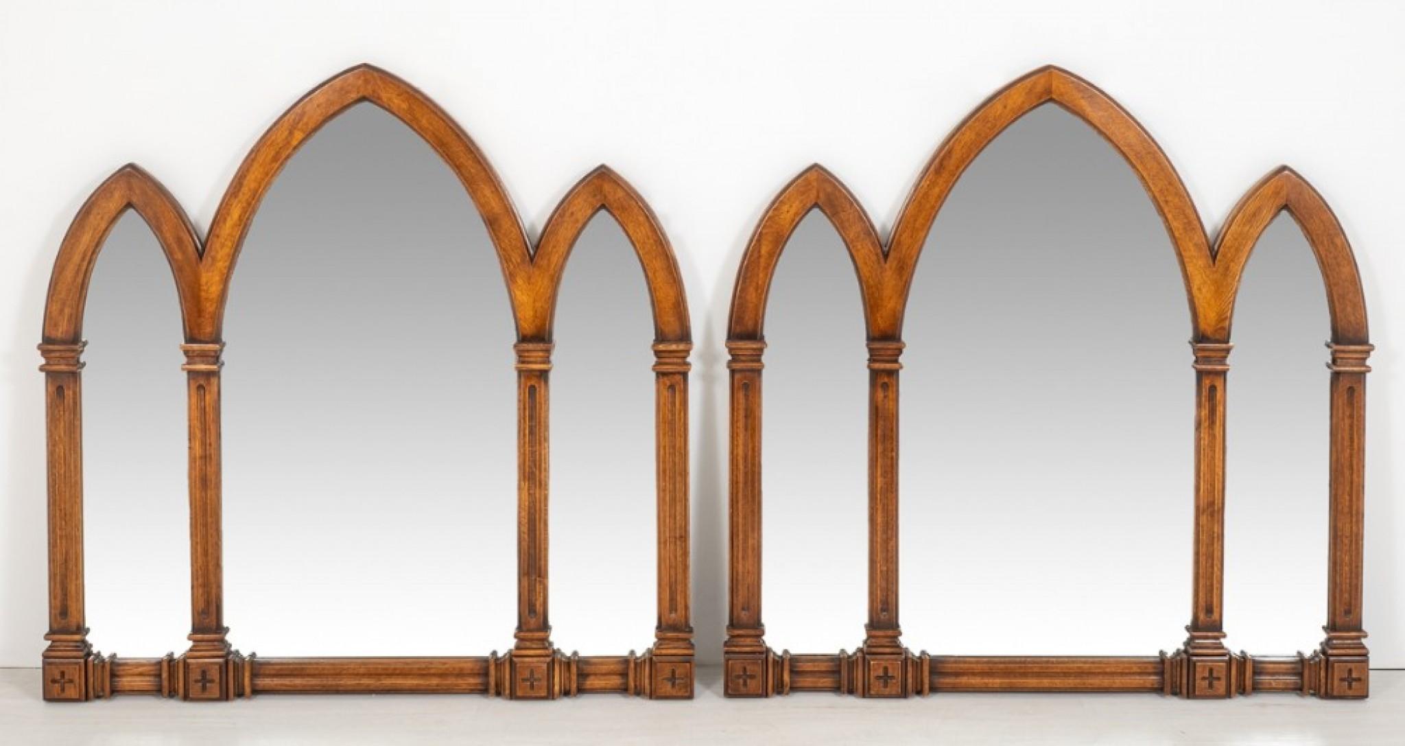 Pair Gothic Mirrors Oak Overmantle Antique 2