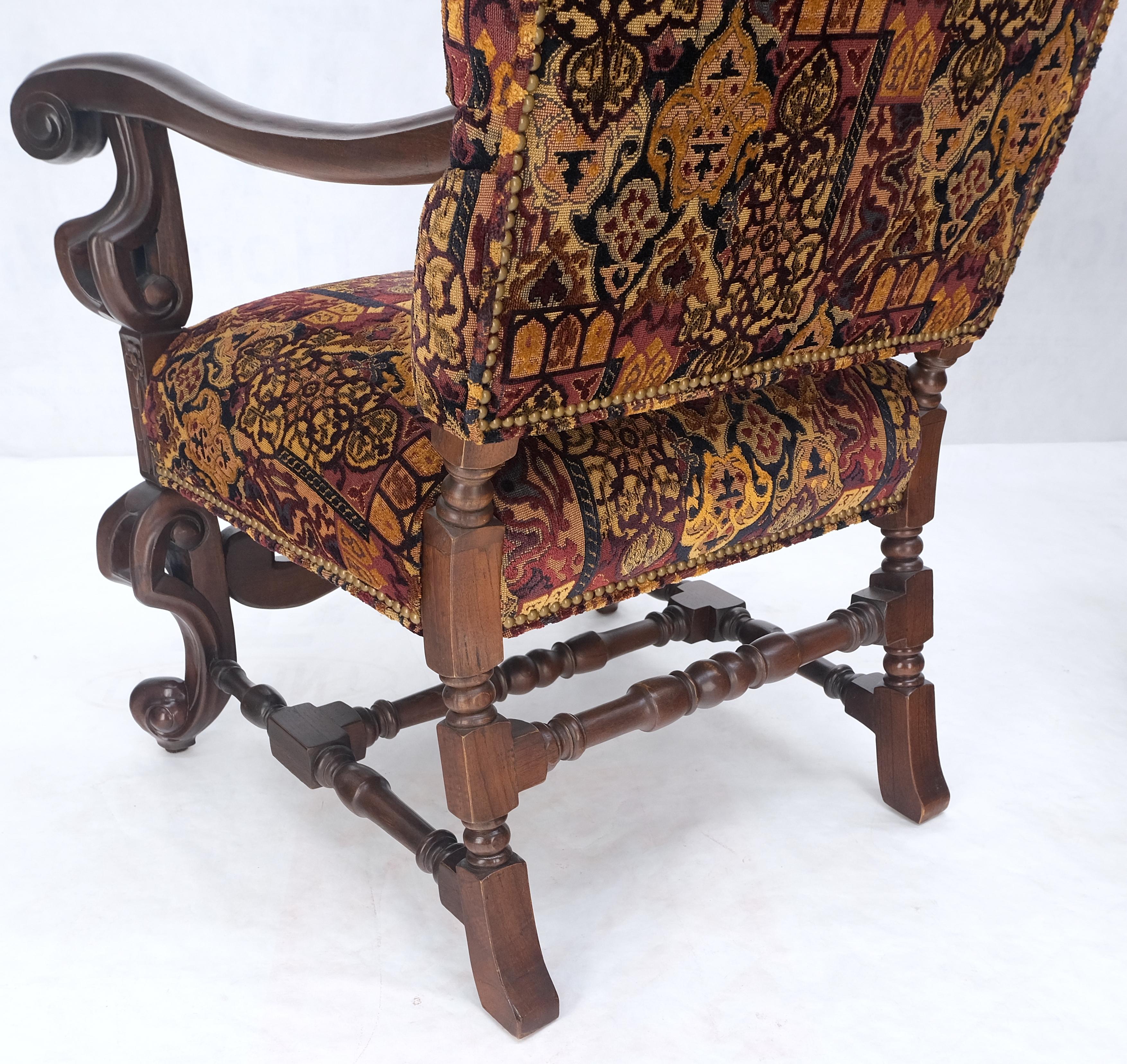 Pair Gothic Oversized Heavily Carved Walnut Arm Chairs Tall Back Thrones MINT! For Sale 3
