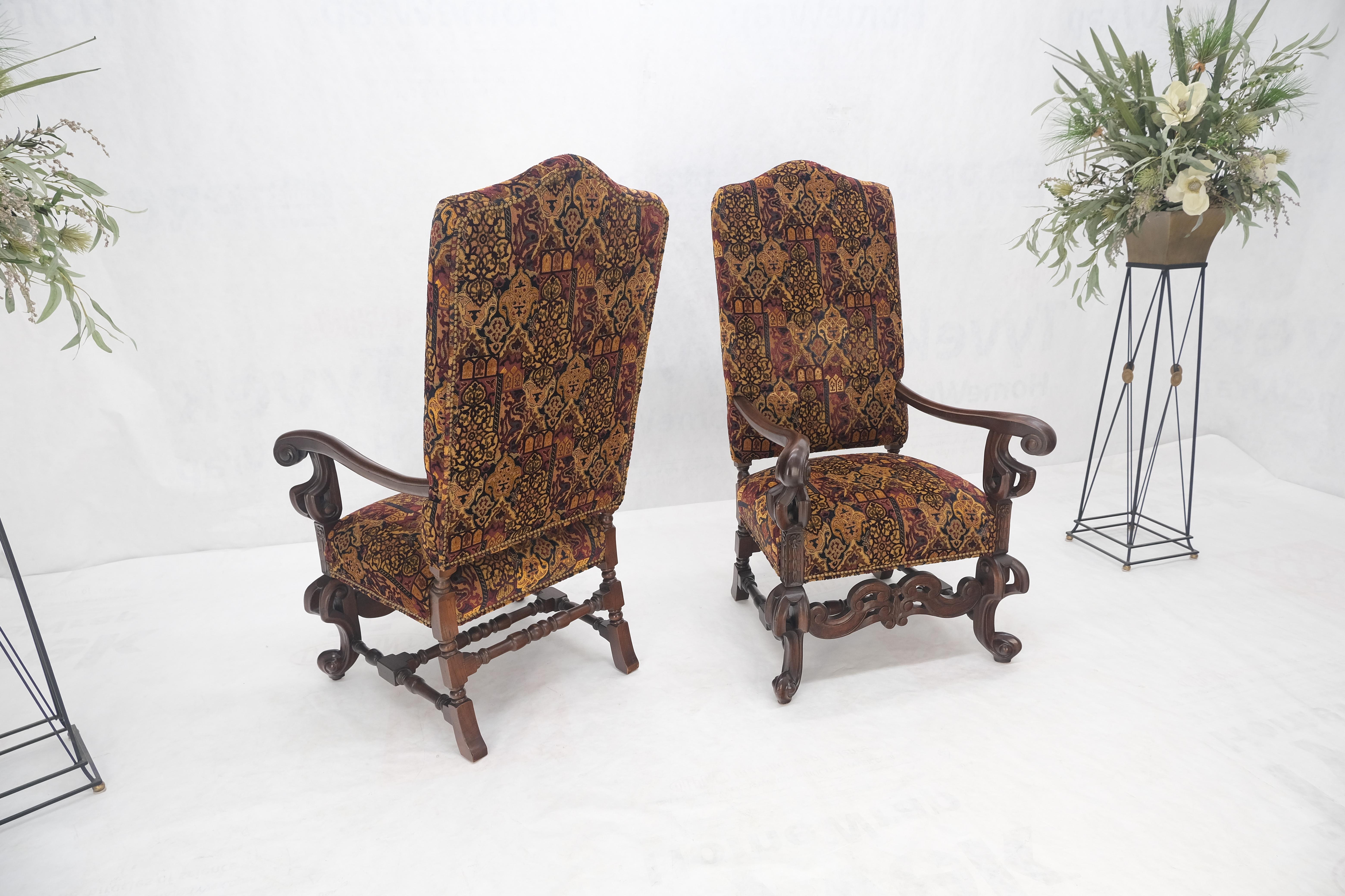 Pair Gothic Oversized Heavily Carved Walnut Arm Chairs Tall Back Thrones MINT! For Sale 4