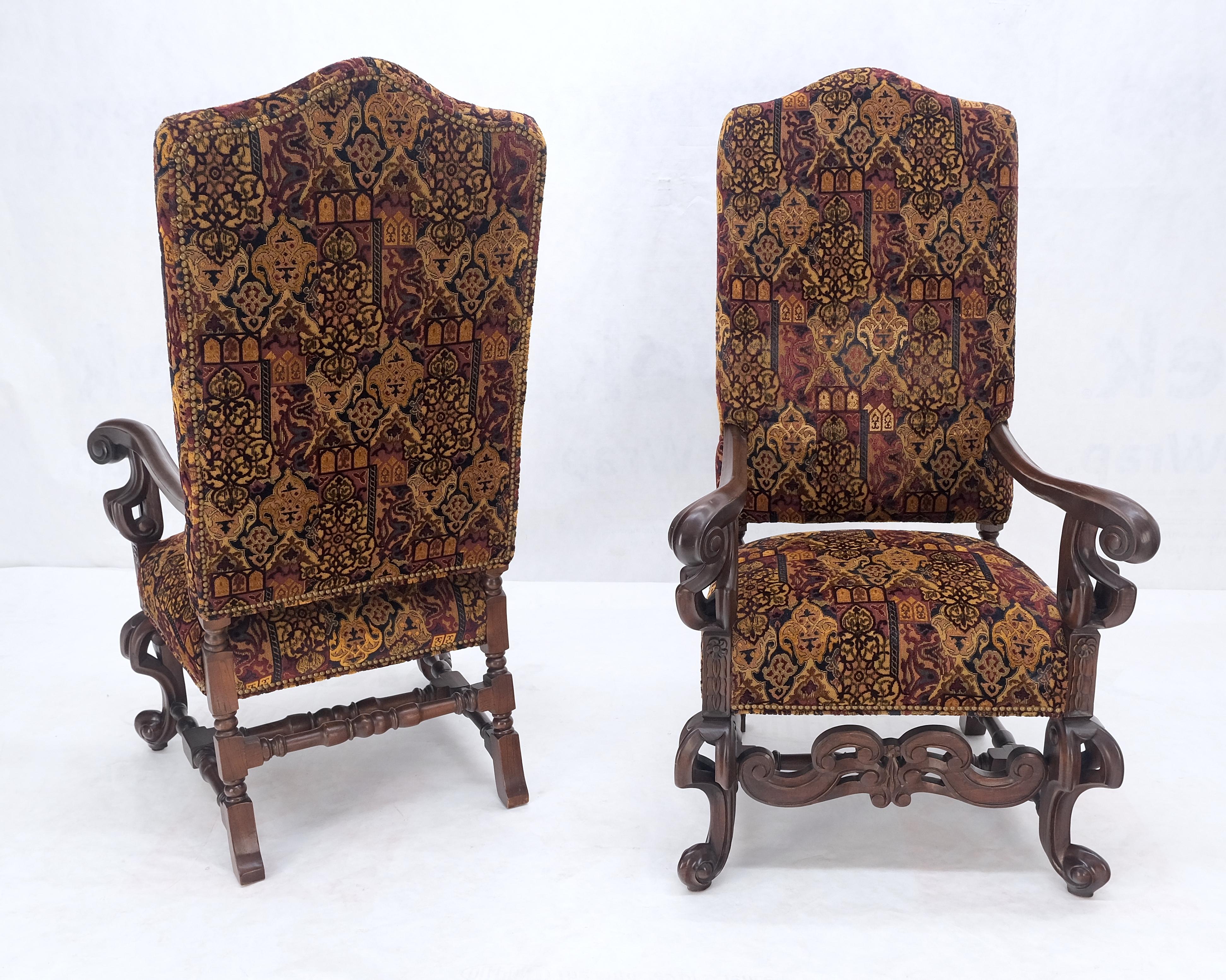 Pair Gothic Oversized Heavily Carved Walnut Arm Chairs Tall Back Thrones MINT! For Sale 5