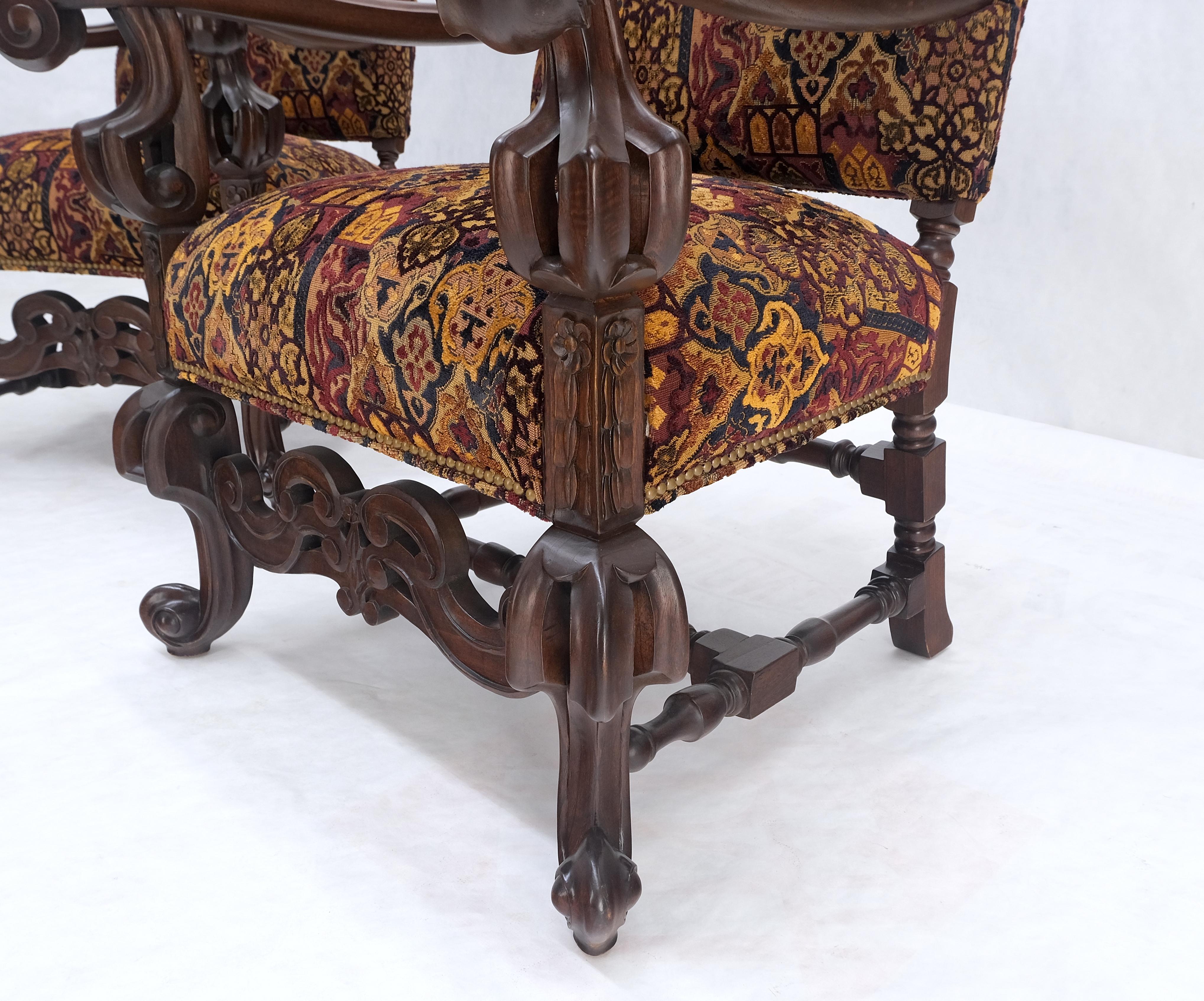Gothic Revival Pair Gothic Oversized Heavily Carved Walnut Arm Chairs Tall Back Thrones MINT! For Sale