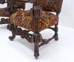 Pair Gothic Oversized Heavily Carved Walnut Arm Chairs Tall Back Thrones MINT!