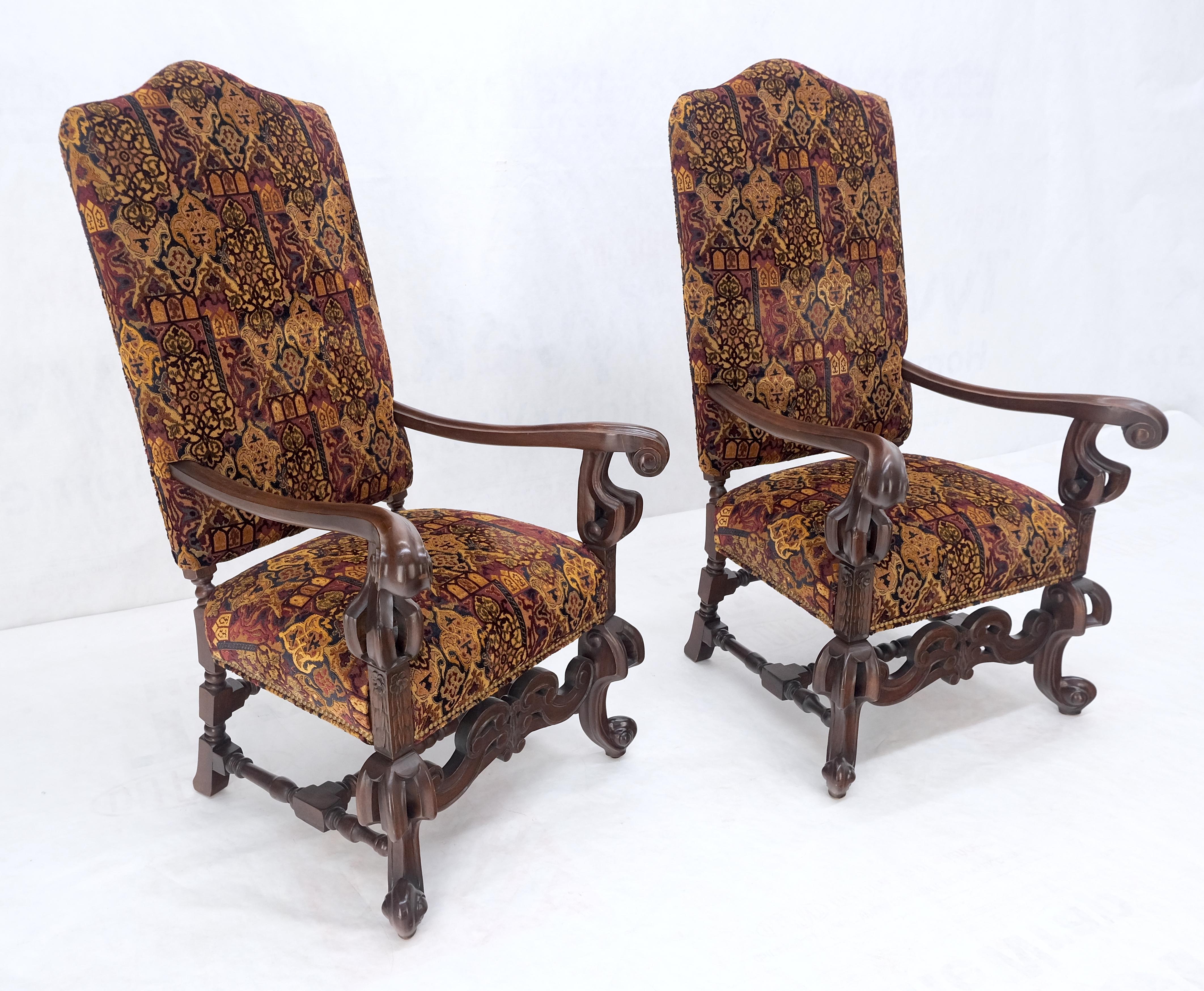 American Pair Gothic Oversized Heavily Carved Walnut Arm Chairs Tall Back Thrones MINT! For Sale
