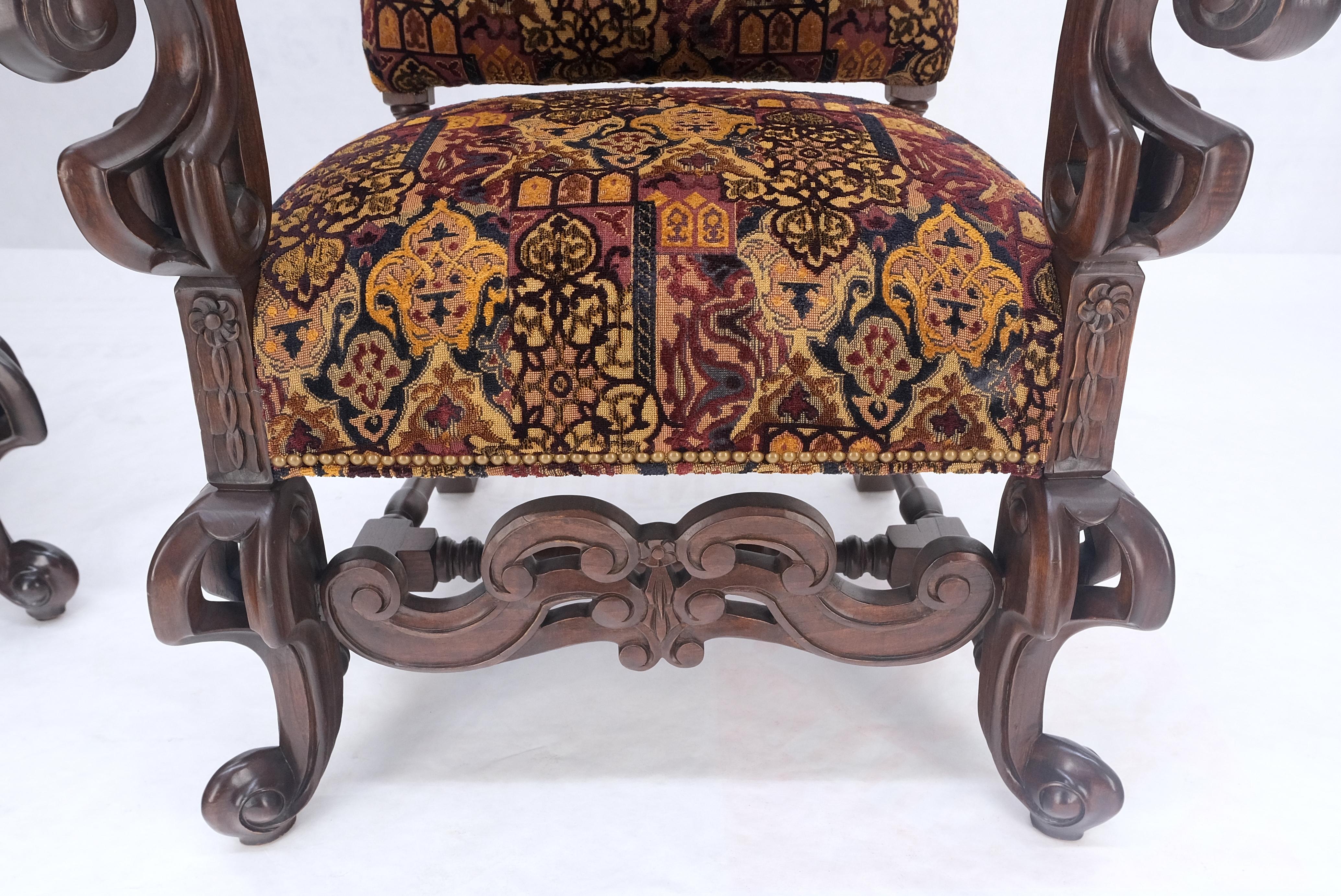 Hand-Carved Pair Gothic Oversized Heavily Carved Walnut Arm Chairs Tall Back Thrones MINT! For Sale