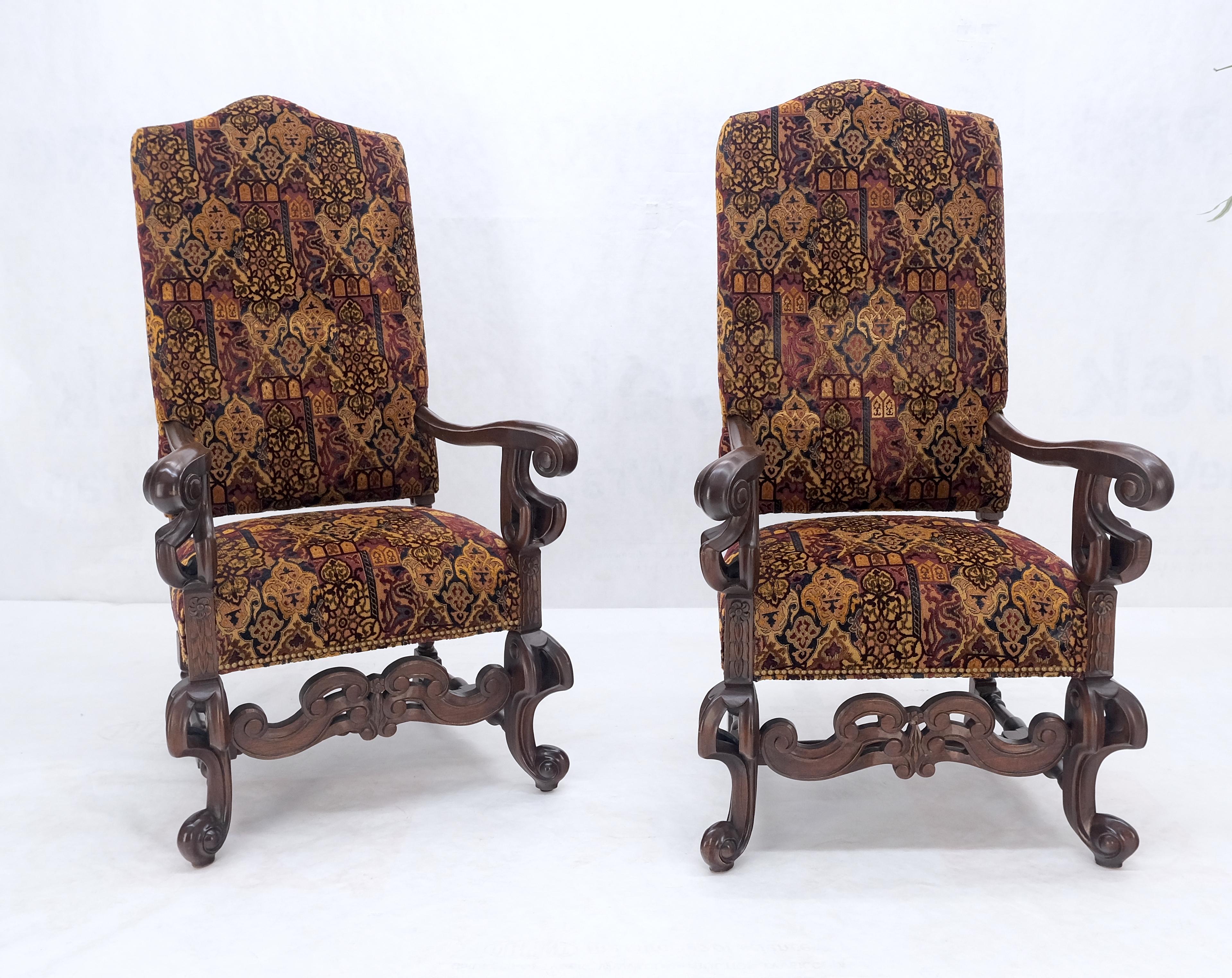 Pair Gothic Oversized Heavily Carved Walnut Arm Chairs Tall Back Thrones MINT! In Good Condition For Sale In Rockaway, NJ