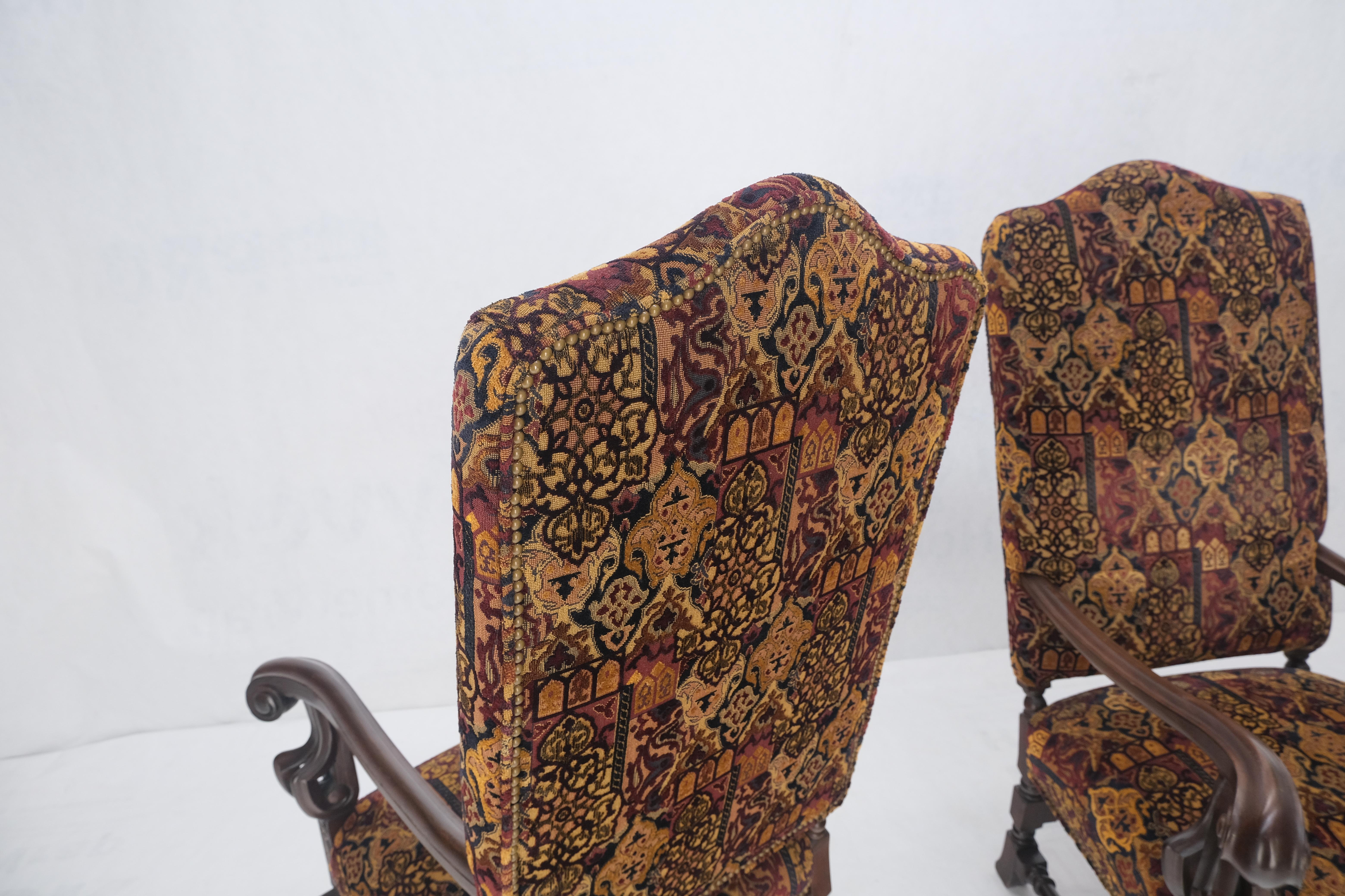 20th Century Pair Gothic Oversized Heavily Carved Walnut Arm Chairs Tall Back Thrones MINT! For Sale
