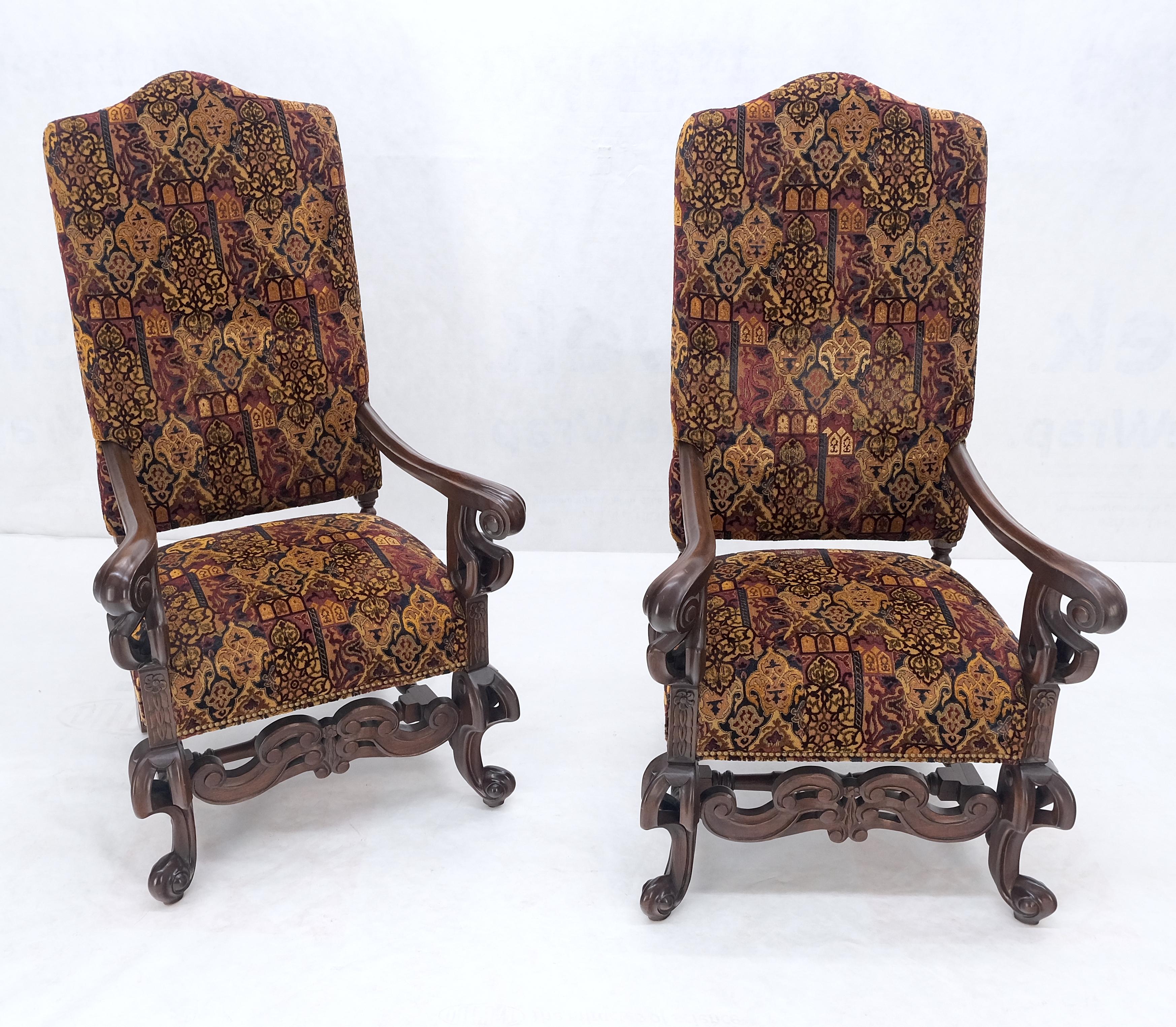 Upholstery Pair Gothic Oversized Heavily Carved Walnut Arm Chairs Tall Back Thrones MINT! For Sale