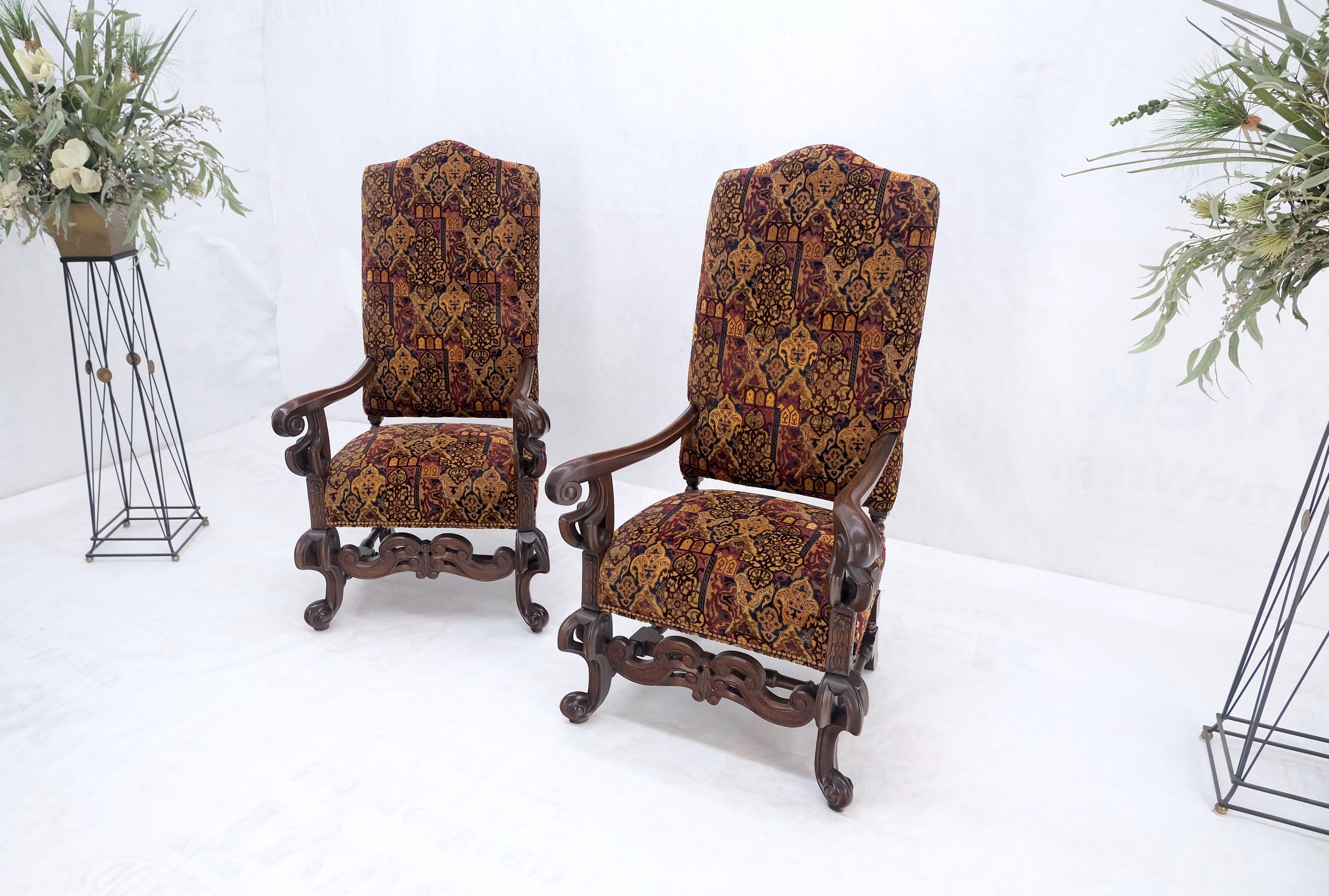 Pair Gothic Oversized Heavily Carved Walnut Arm Chairs Tall Back Thrones MINT! For Sale 1