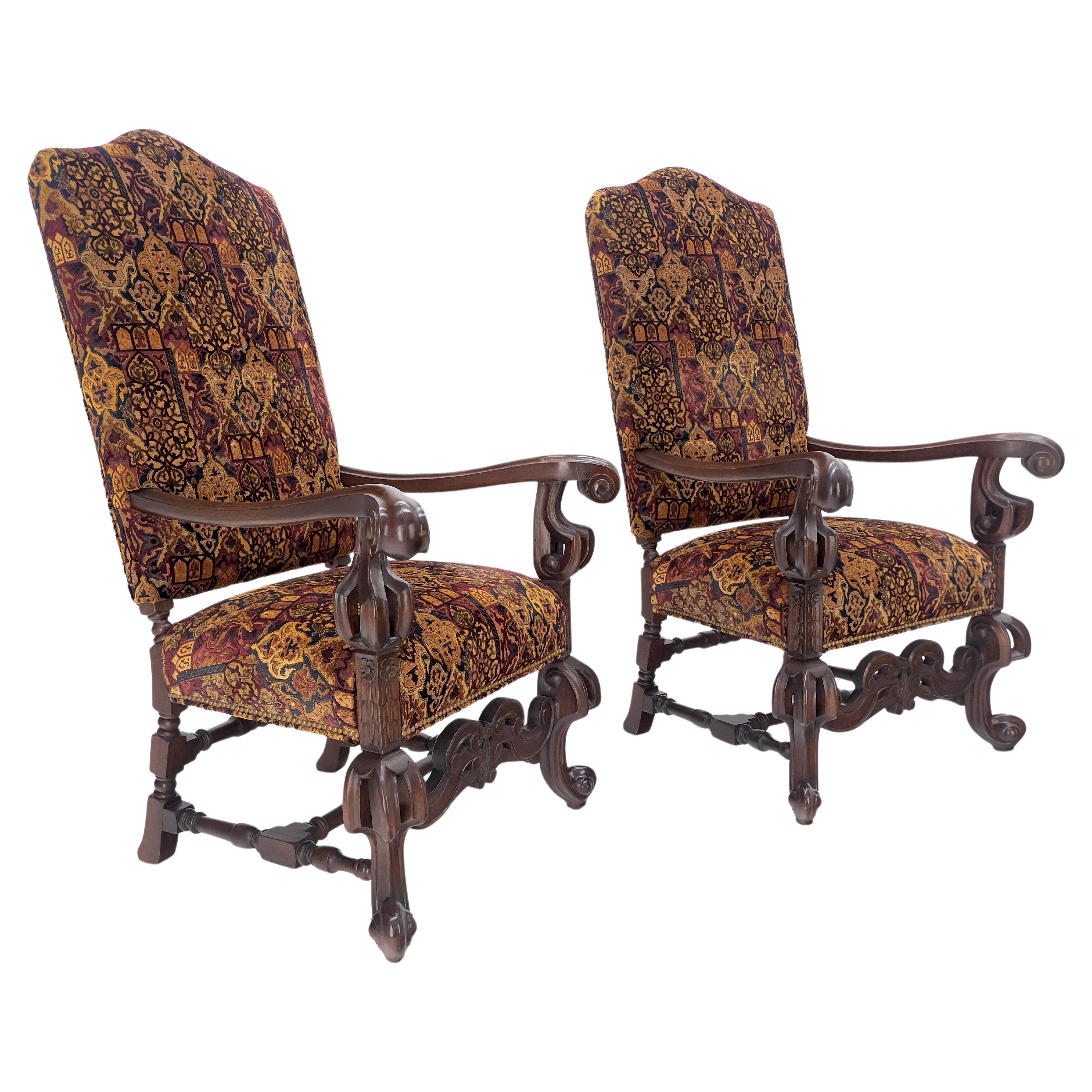 Pair Gothic Oversized Heavily Carved Walnut Arm Chairs Tall Back Thrones MINT!