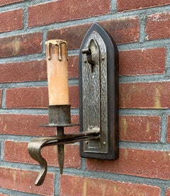 Pair Gothic Revival, Arts and Crafts era Hand-Crafted Wrought Iron Wall Sconces